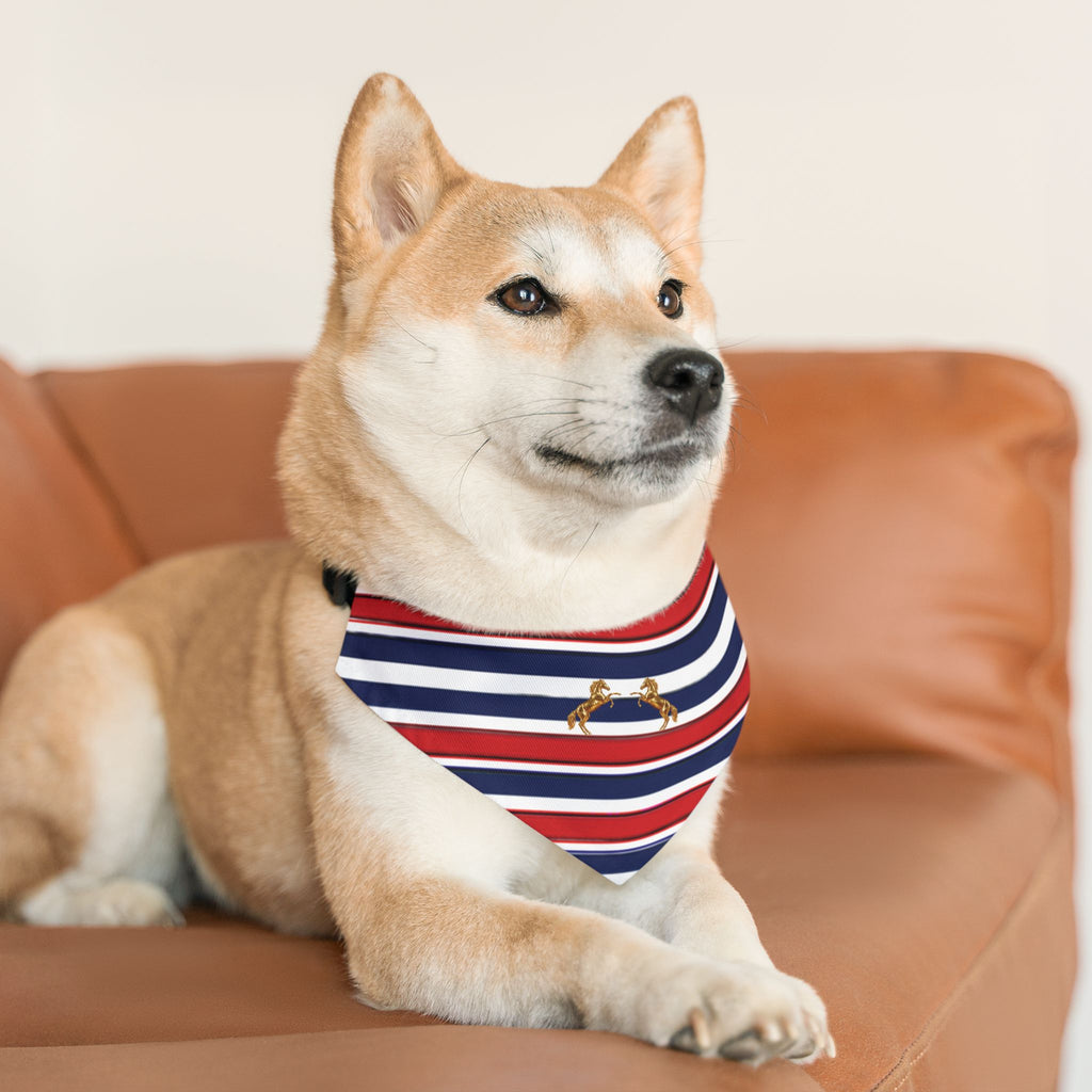 Striped Dog Bandana Collar with Gold Rearing Horses Motif — Nautical Red, White & Blue Pet Accessory