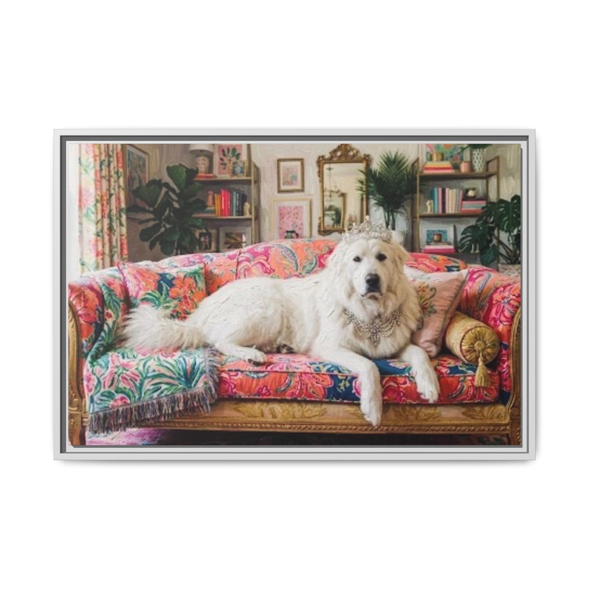 Framed Matte Canvas Regal Great Pyrenees presented in a whimsical lounge