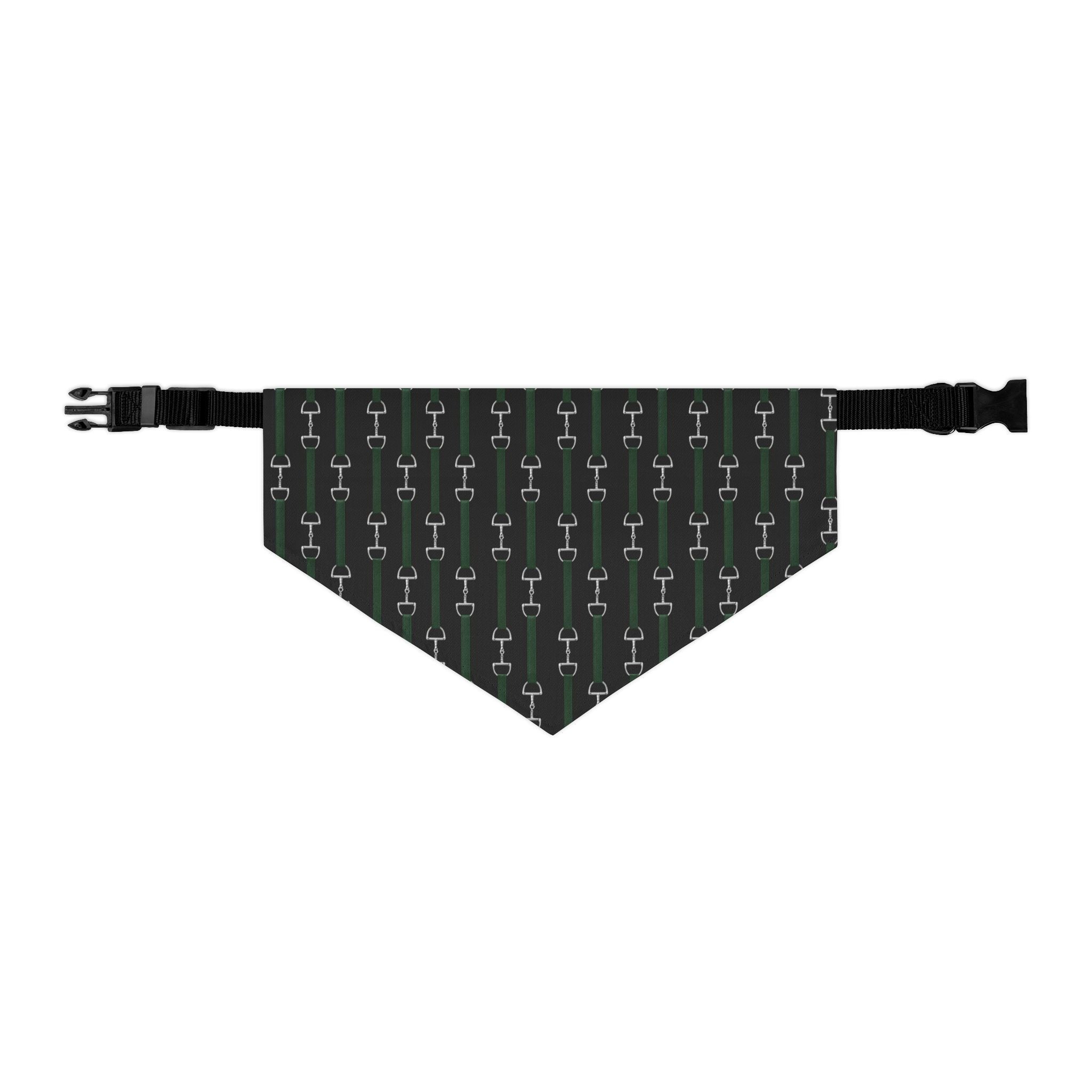 Pet Bandana Collar — Hunter Green Webbed Look Straps With Silver Horsebit Motif Pattern Dog Bandana Collar