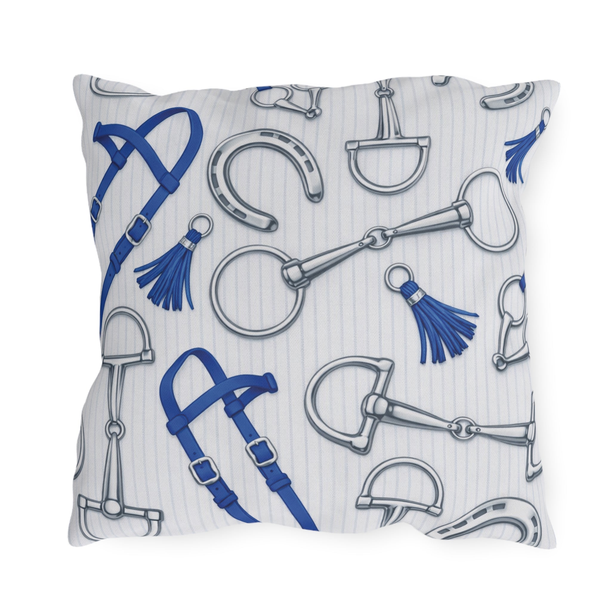 Equestrian Bits and Bridle Outdoor Pillow  Blue Horse Tack Pattern