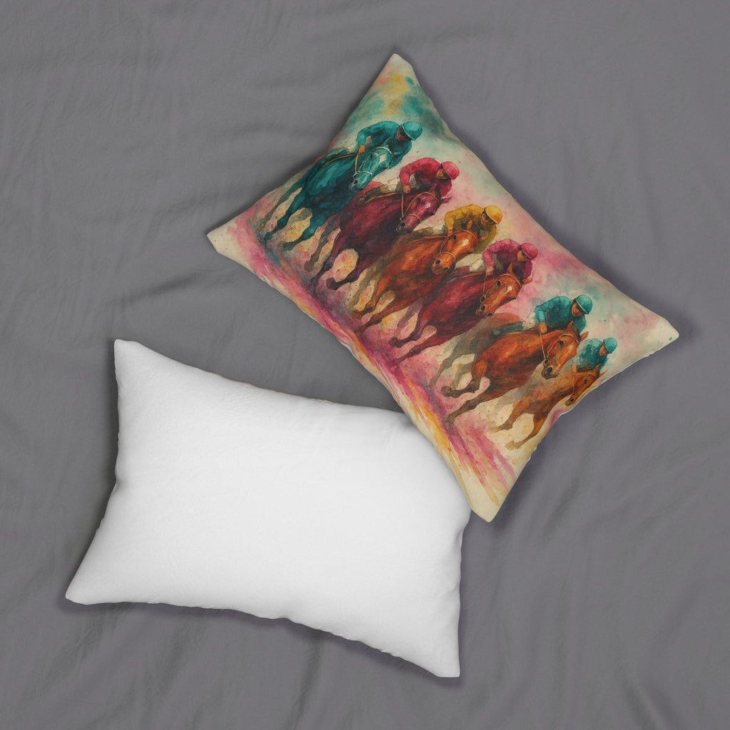 Horse Racing Art Lumbar Pillow — Colorful Jockeys Watercolor Print