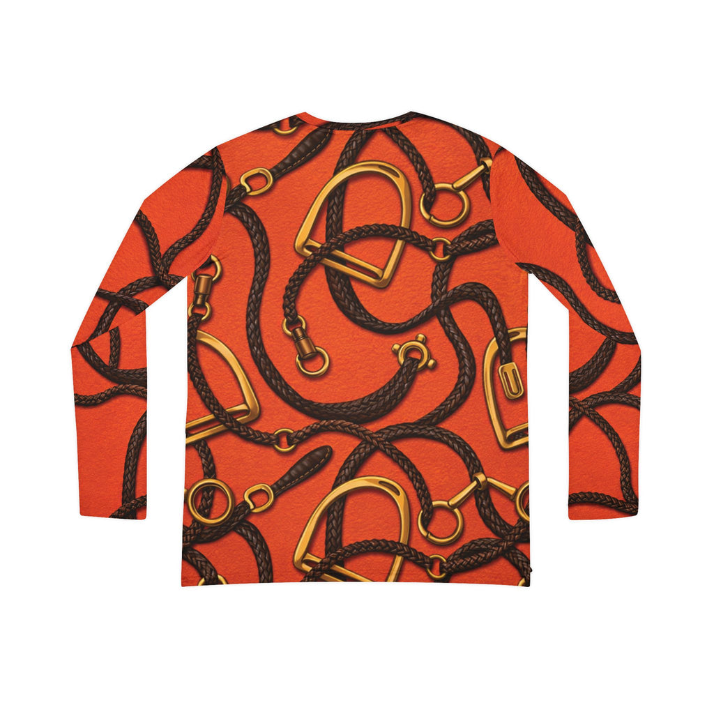 Women's V-Neck Long Sleeve Riding Shirt — Orange Gold and Dark Brown Leather Strap Print