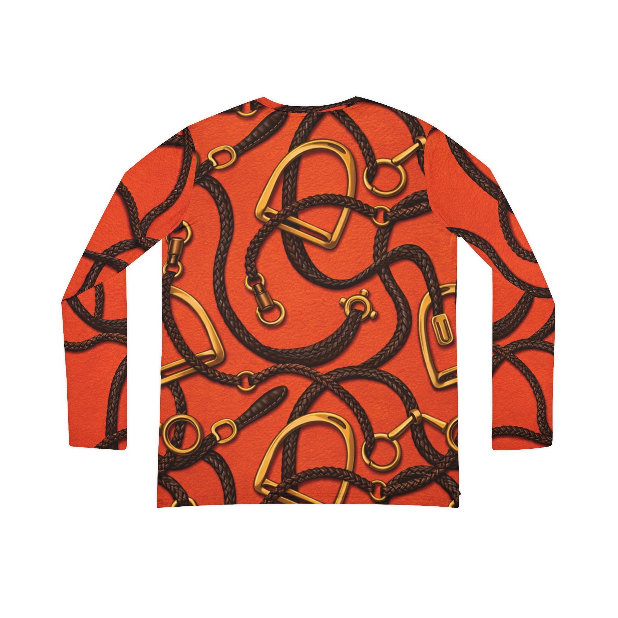 Women's V-Neck Long Sleeve Riding Shirt — Orange Gold and Dark Brown Leather Strap Print