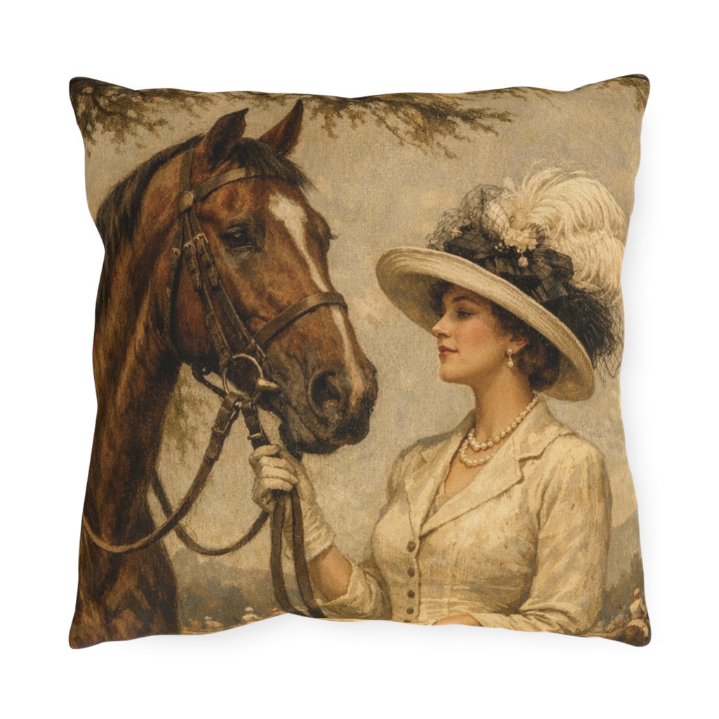 Vintage Equestrian Outdoor Pillow  Lady and Horse Art