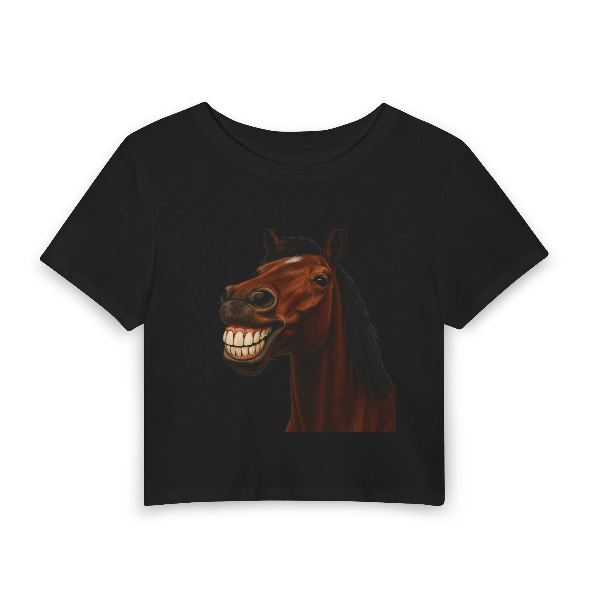 Smiling Horse Crop Tee — Funny Horse Face Womens Baby Tee