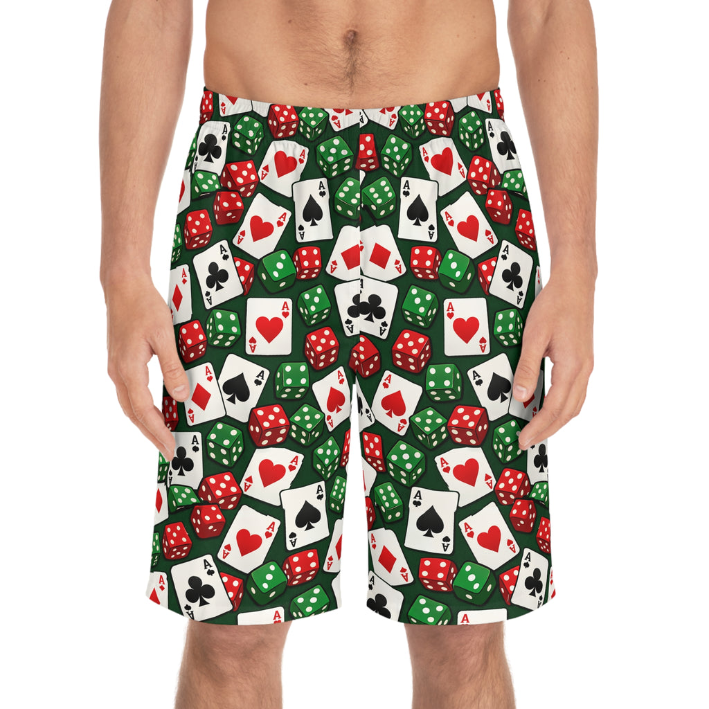 Casino Dice & Cards Board Shorts — Men's Poker Pattern Swim Trunks