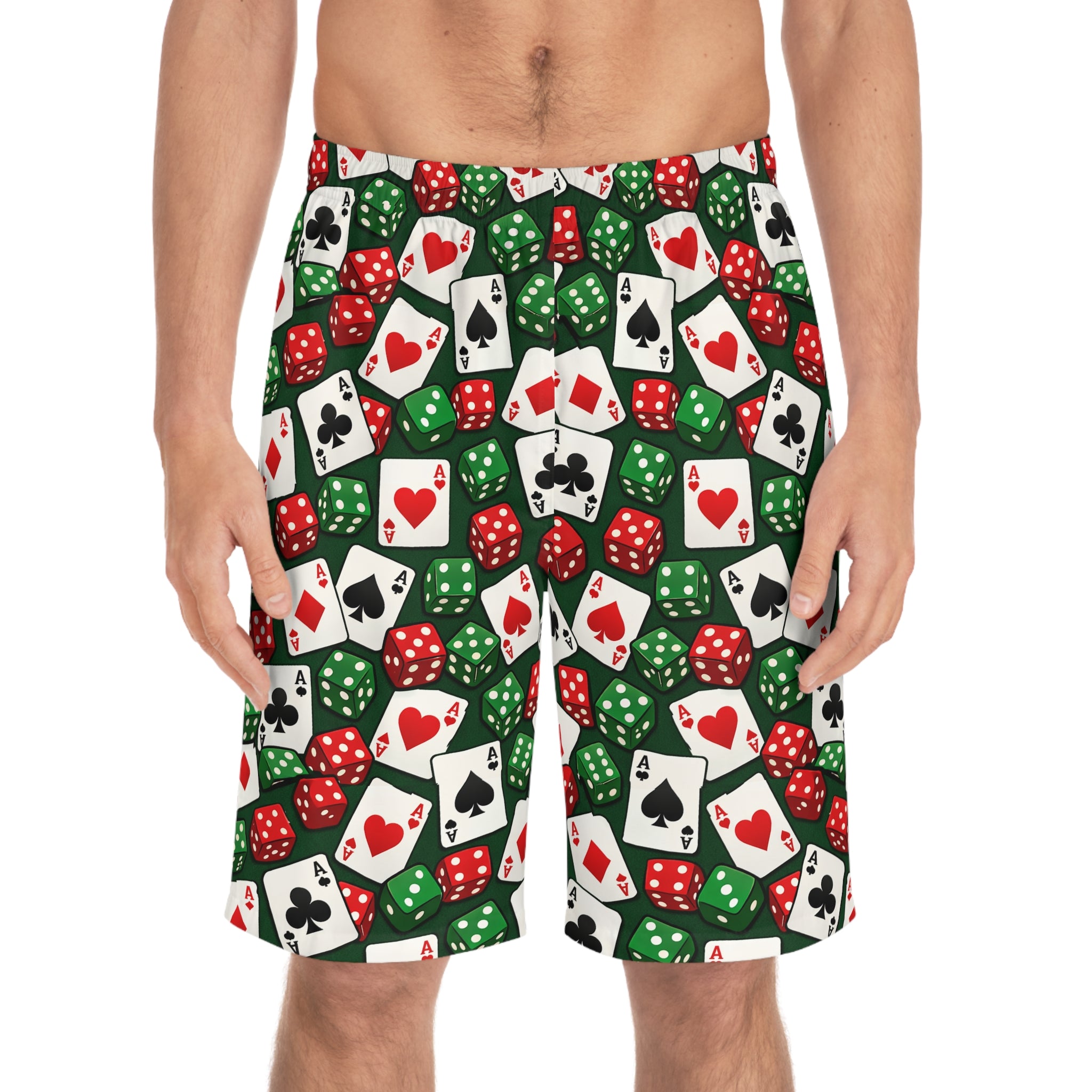 Casino Dice & Cards Board Shorts — Men's Poker Pattern Swim Trunks