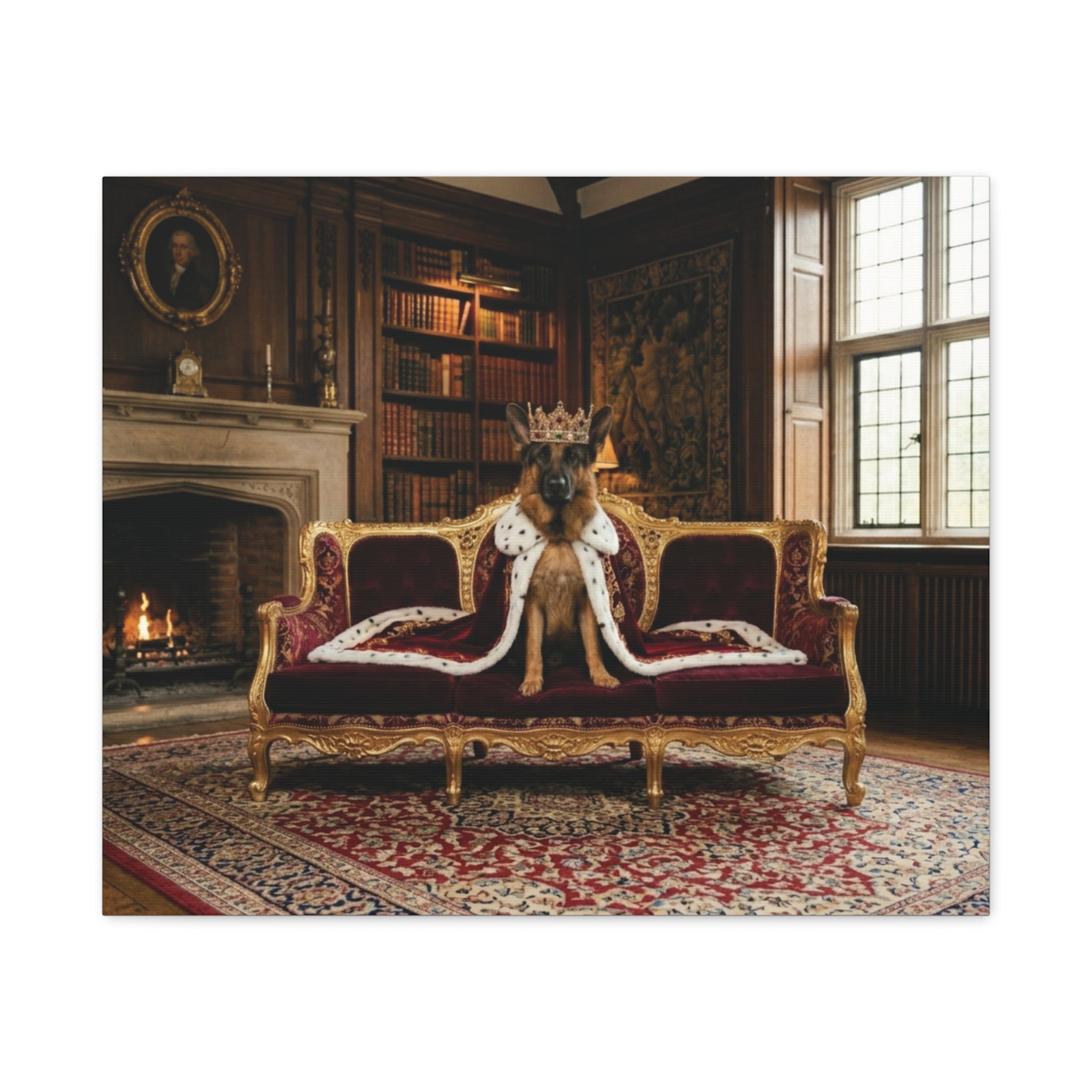 Regal German Shepherd Canvas Wall Art — King Dog on Fancy Sofa Matte Stretched Print