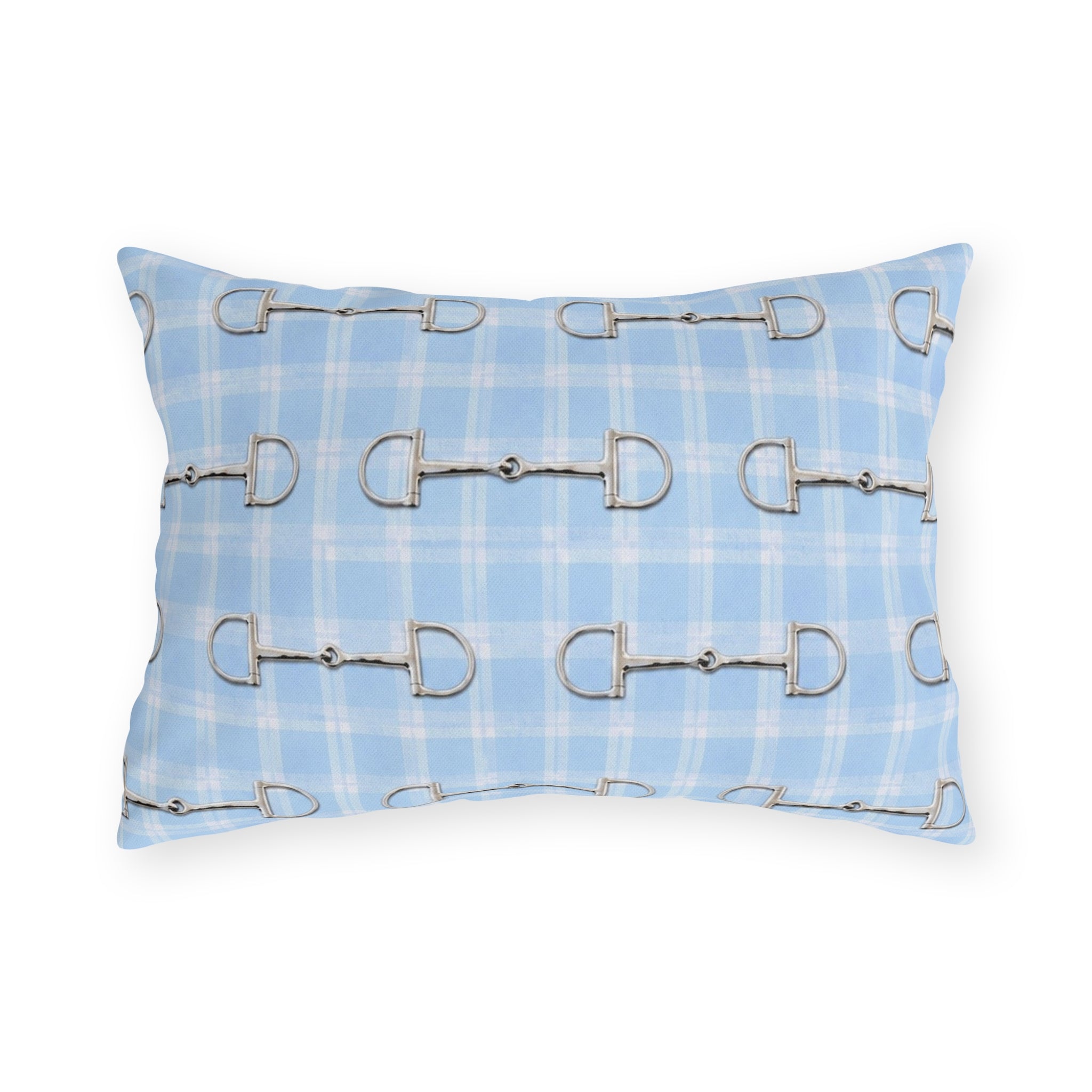Baby Blue Plaid Horse Bit Outdoor Pillow