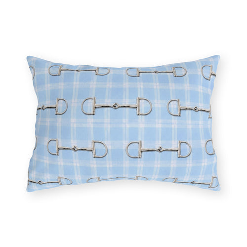 Baby Blue Plaid Horse Bit Outdoor Pillow