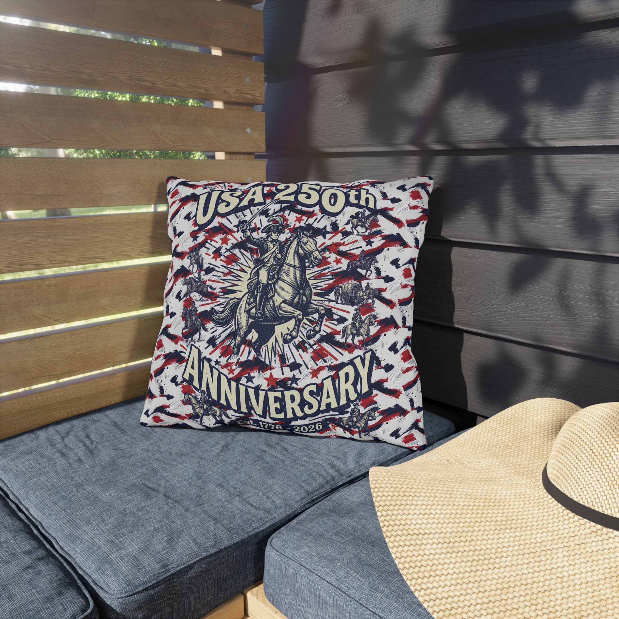 USA 250th Anniversary Outdoor Pillow — Patriotic Red White Blue Decor