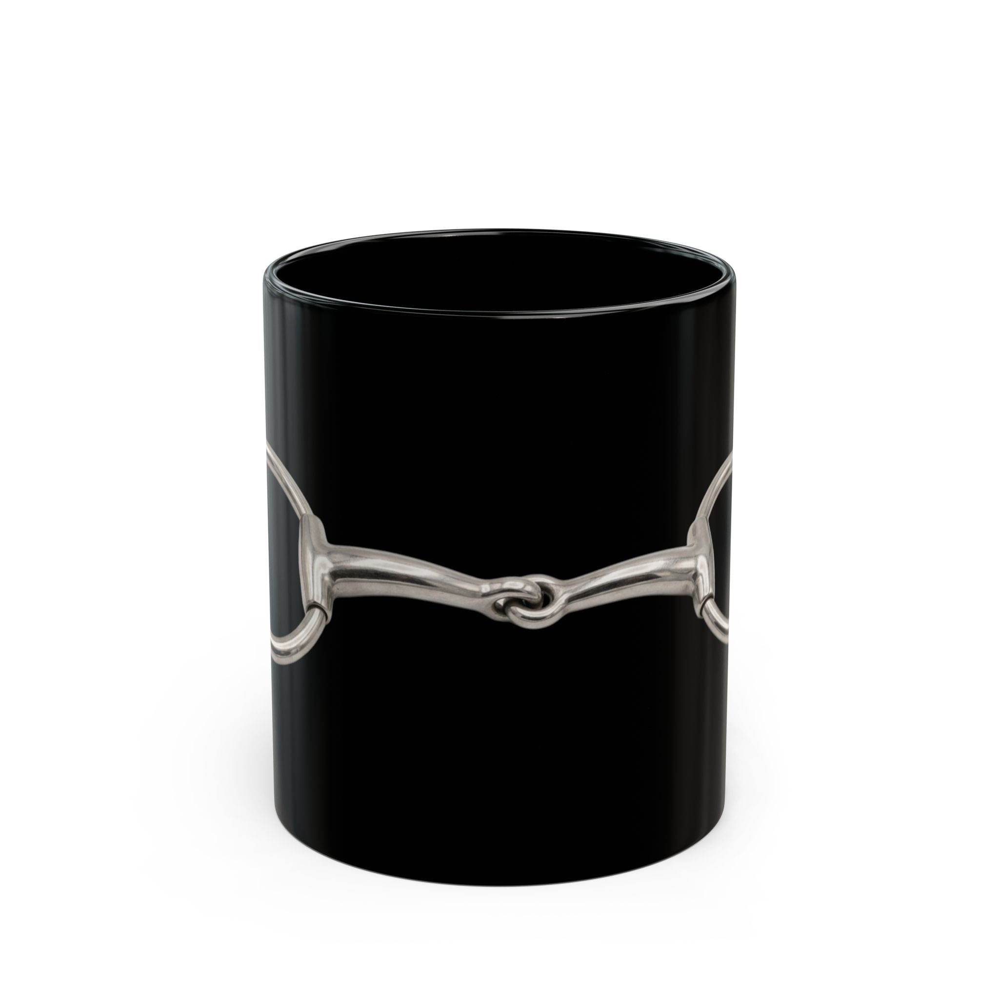 Equestrian Bit Black Coffee Mug — Silver Horse Bit Design