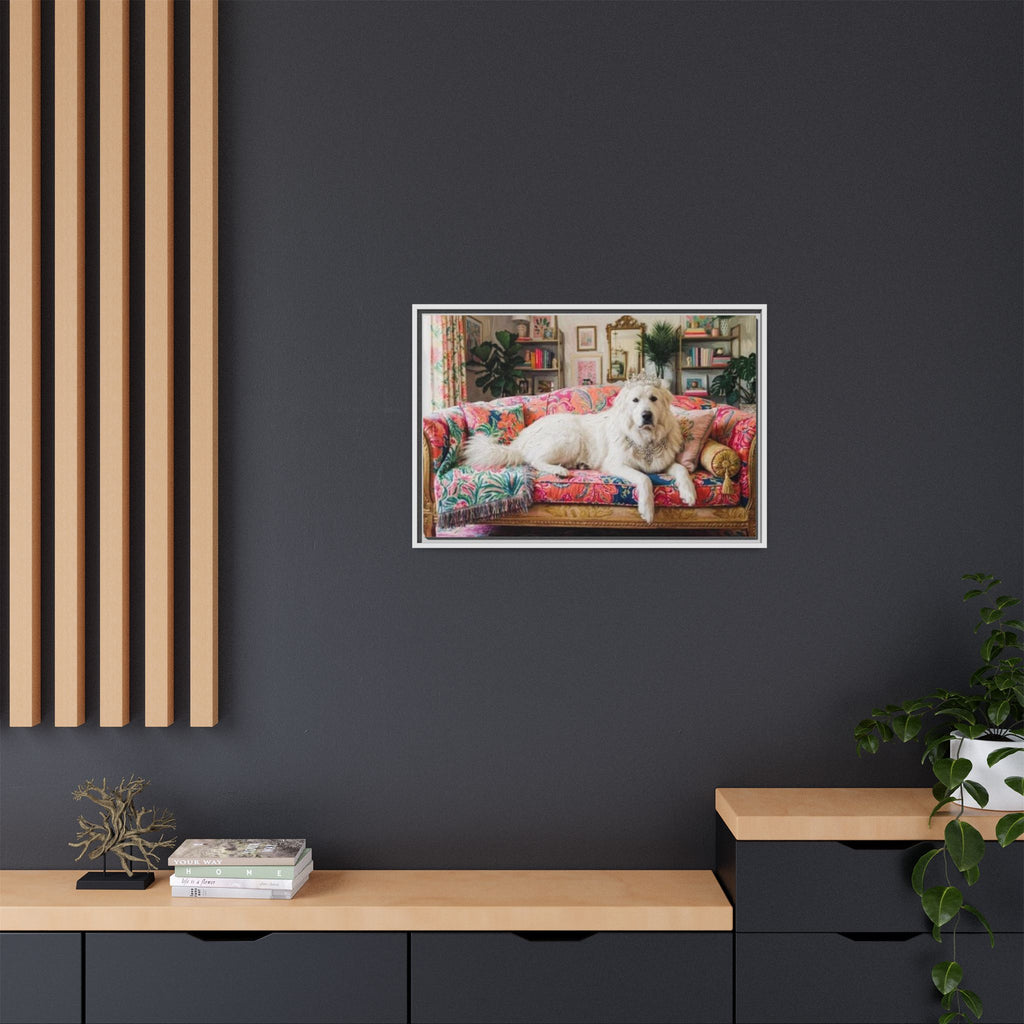 Framed Matte Canvas Regal Great Pyrenees presented in a whimsical lounge