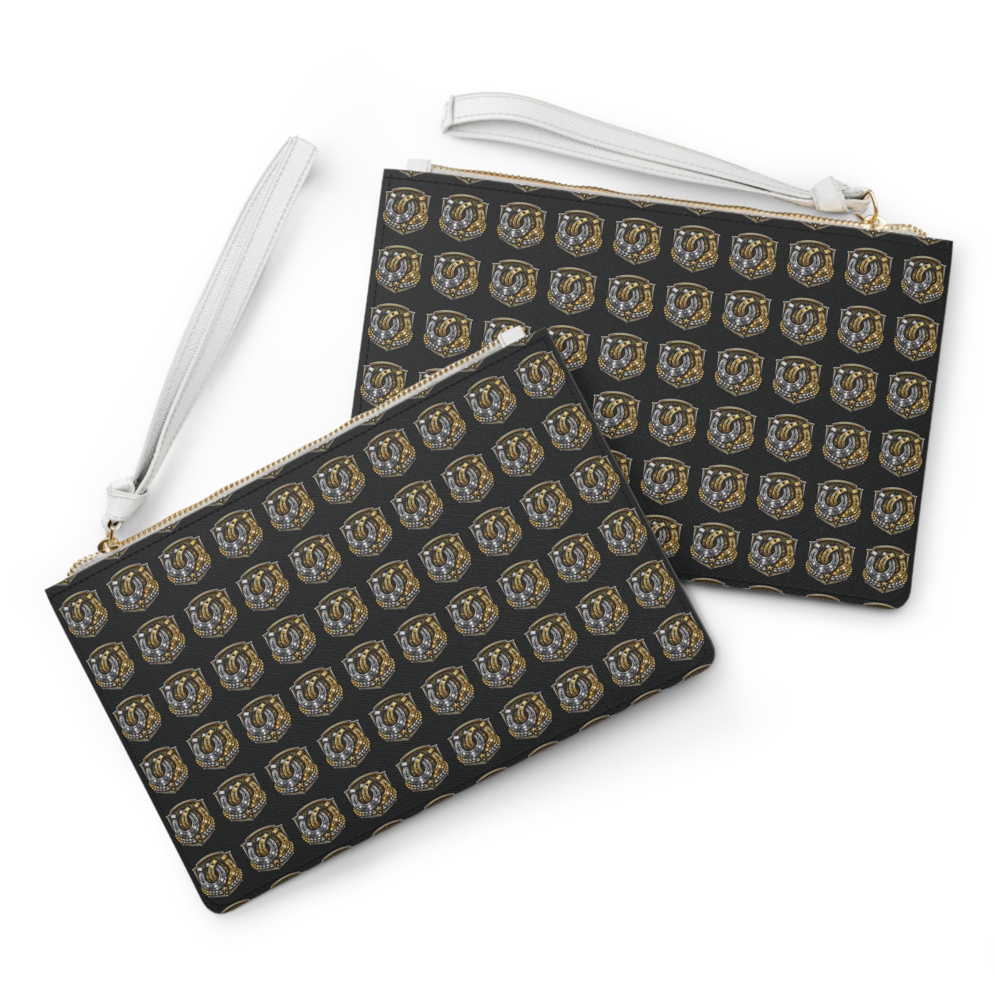 Horseshoe Crest Clutch Bag – Black & Gold Patterned Wristlet