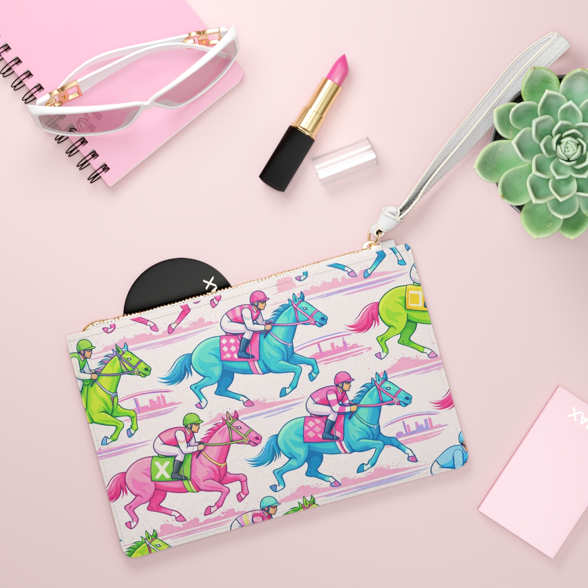 Horse Racing Clutch Bag — Colorful Jockey & Thoroughbred Print Wristlet