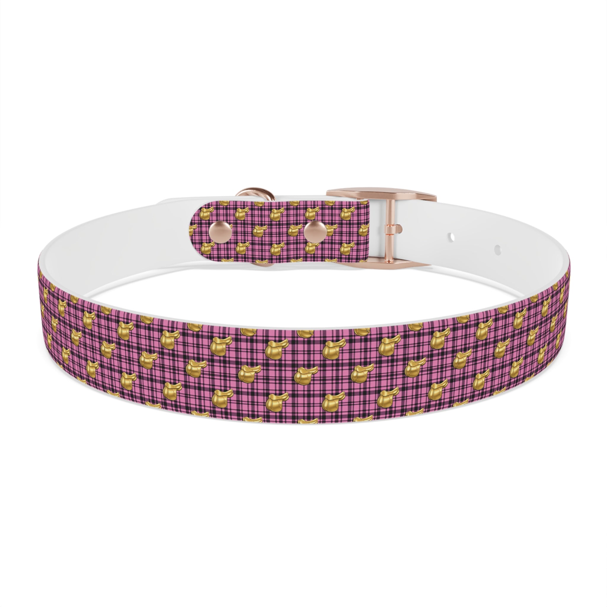 Pink Plaid Dog Collar with Tiny Gold Saddle Pattern