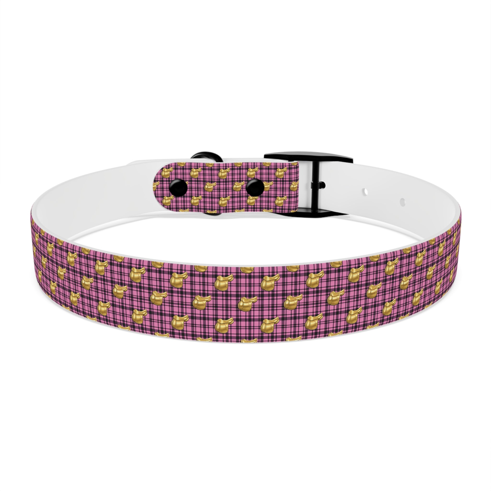 Pink Plaid Dog Collar with Tiny Gold Saddle Pattern