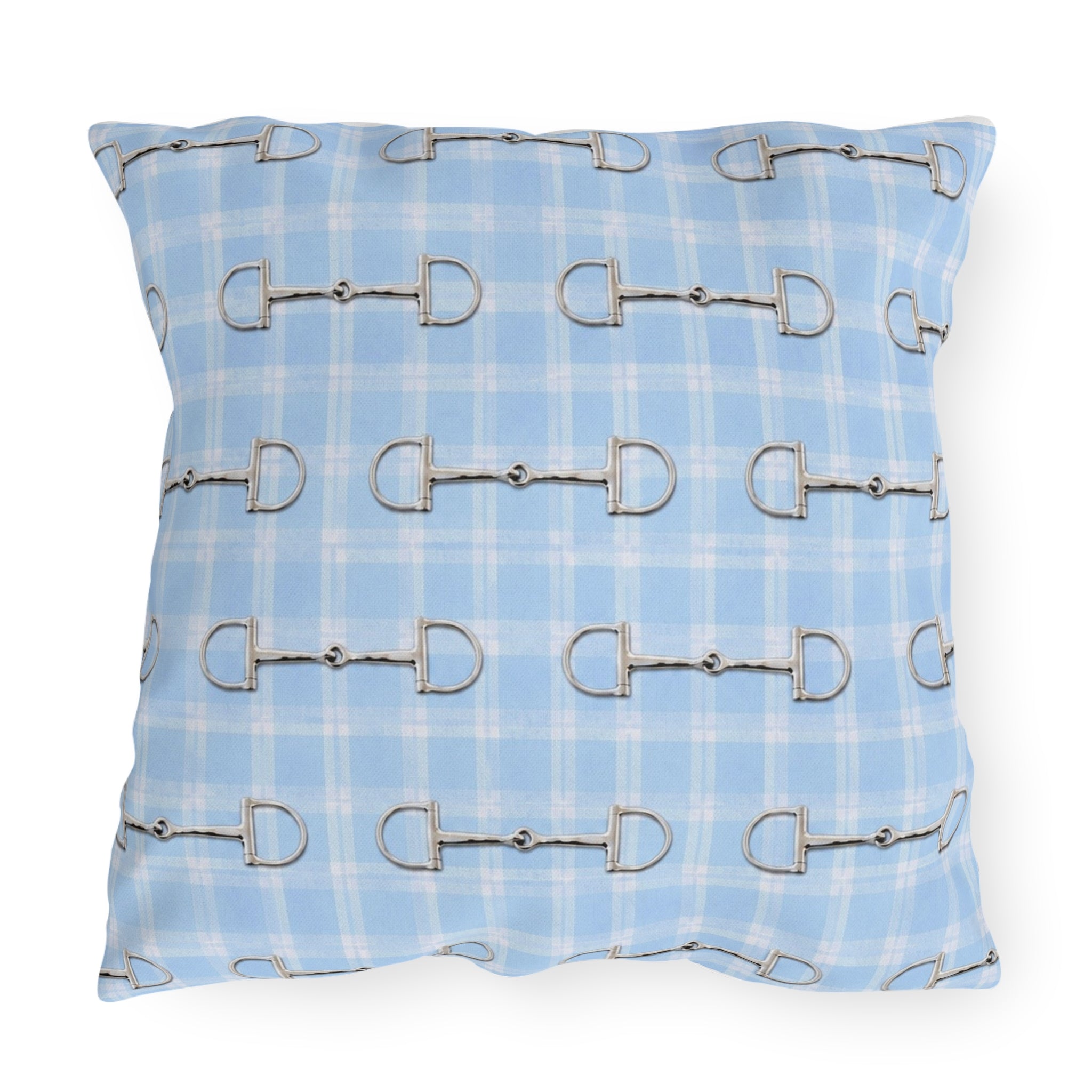 Baby Blue Plaid Horse Bit Outdoor Pillow