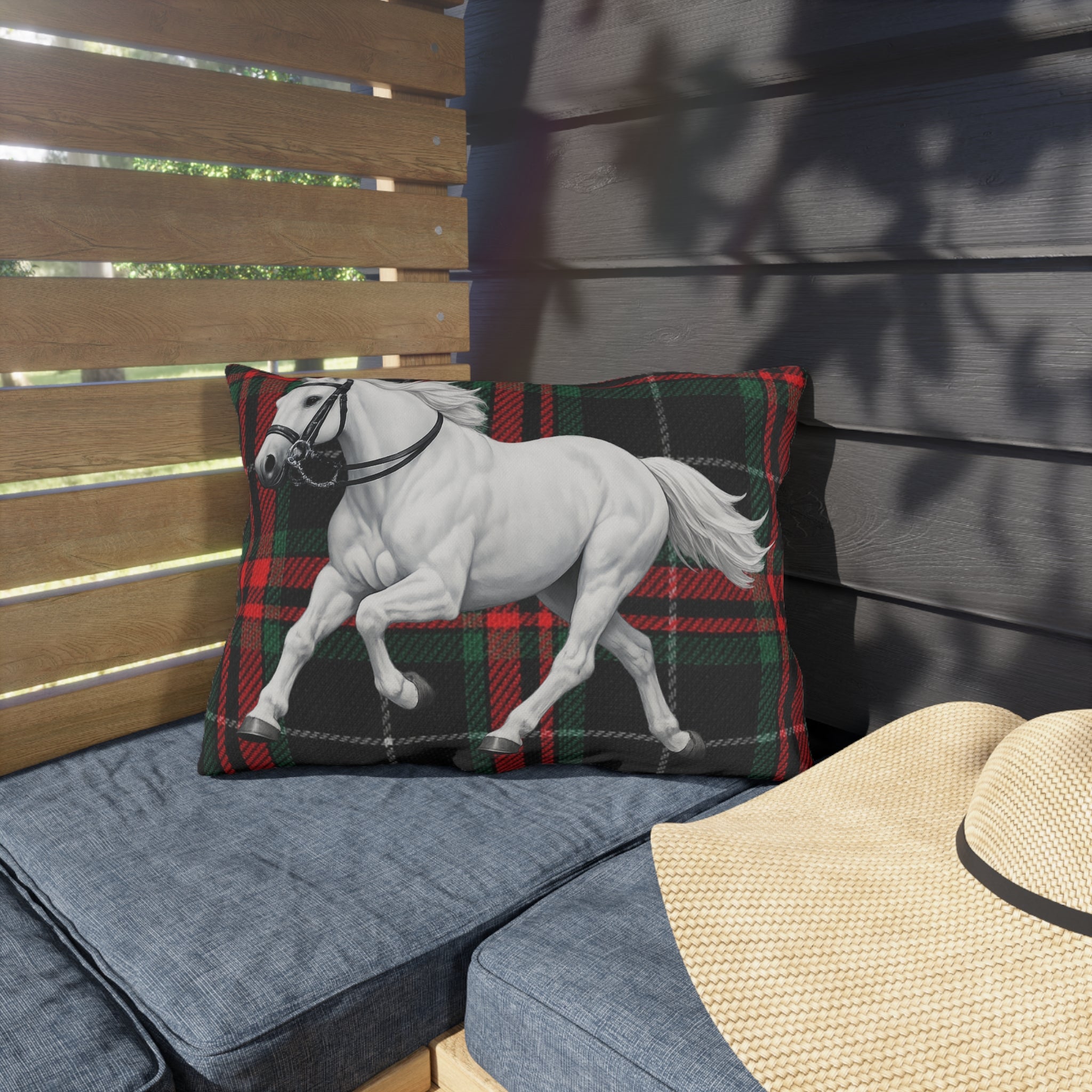 White Horse Plaid Outdoor Pillow  Red and Green Tartan Farmhouse Decor