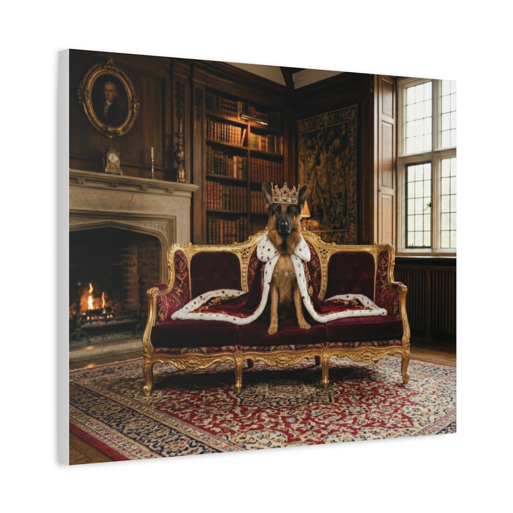 Regal German Shepherd Canvas Wall Art — King Dog on Fancy Sofa Matte Stretched Print