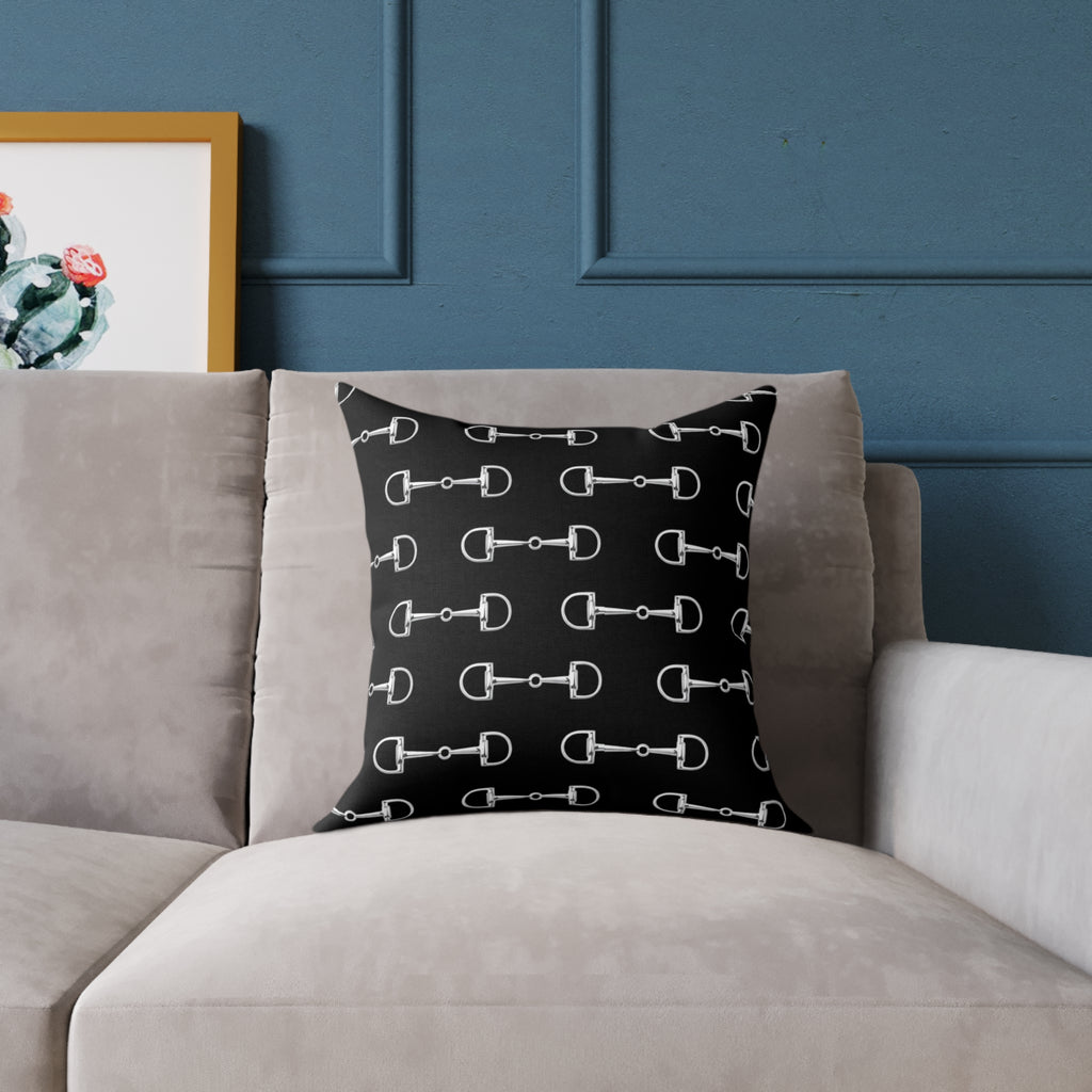 Equestrian Bit Pattern Square Throw Pillow — Black silver white