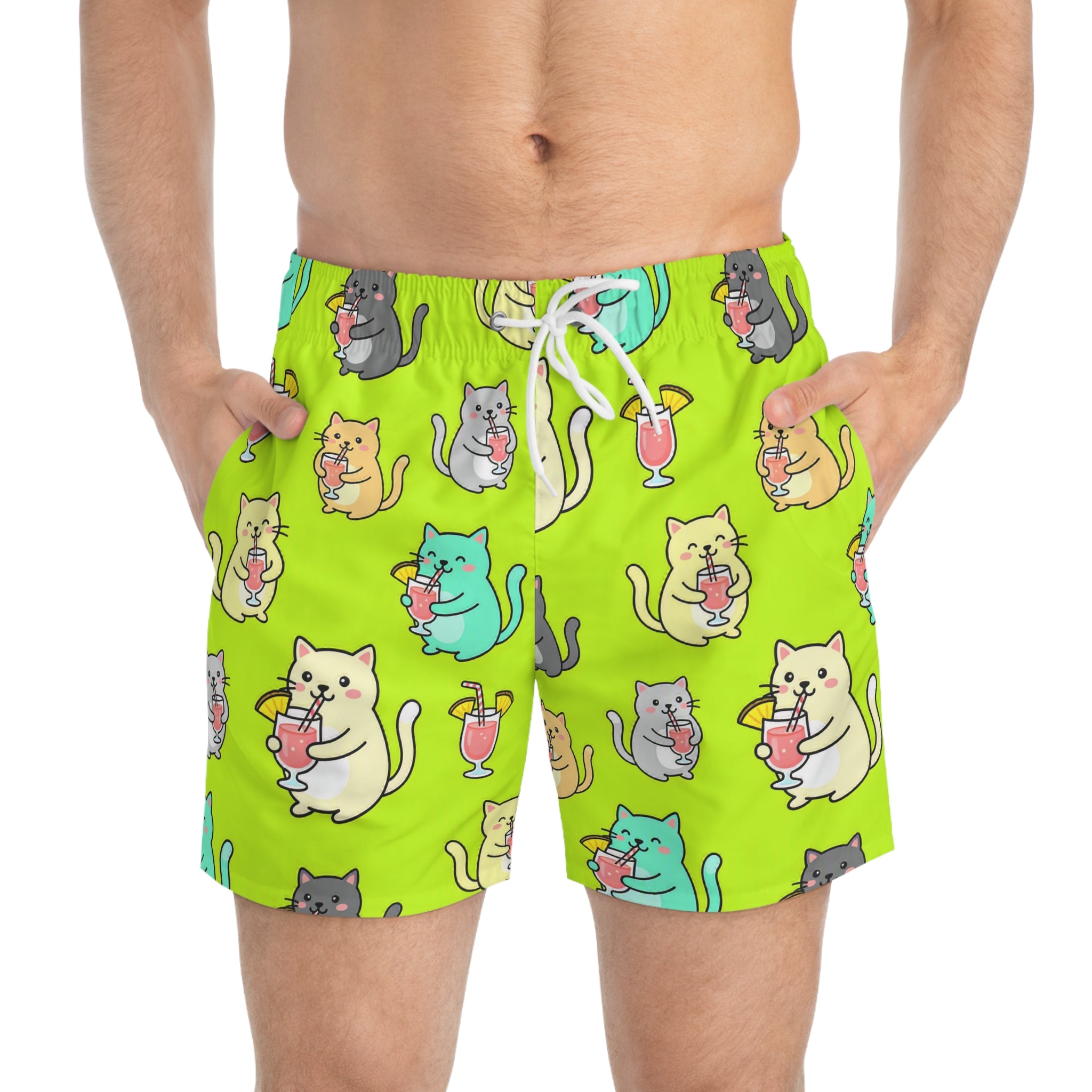 Cute Cat Swim Trunks — Neon Green  Cats with Tropical Drinks