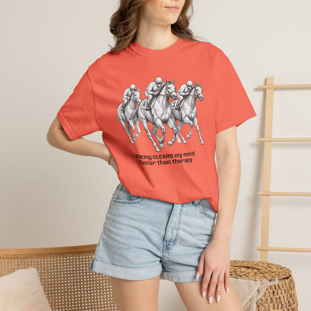 Horse Racing T-Shirt — "Racing CLEARS my mind faster than therapy" Graphic Tee