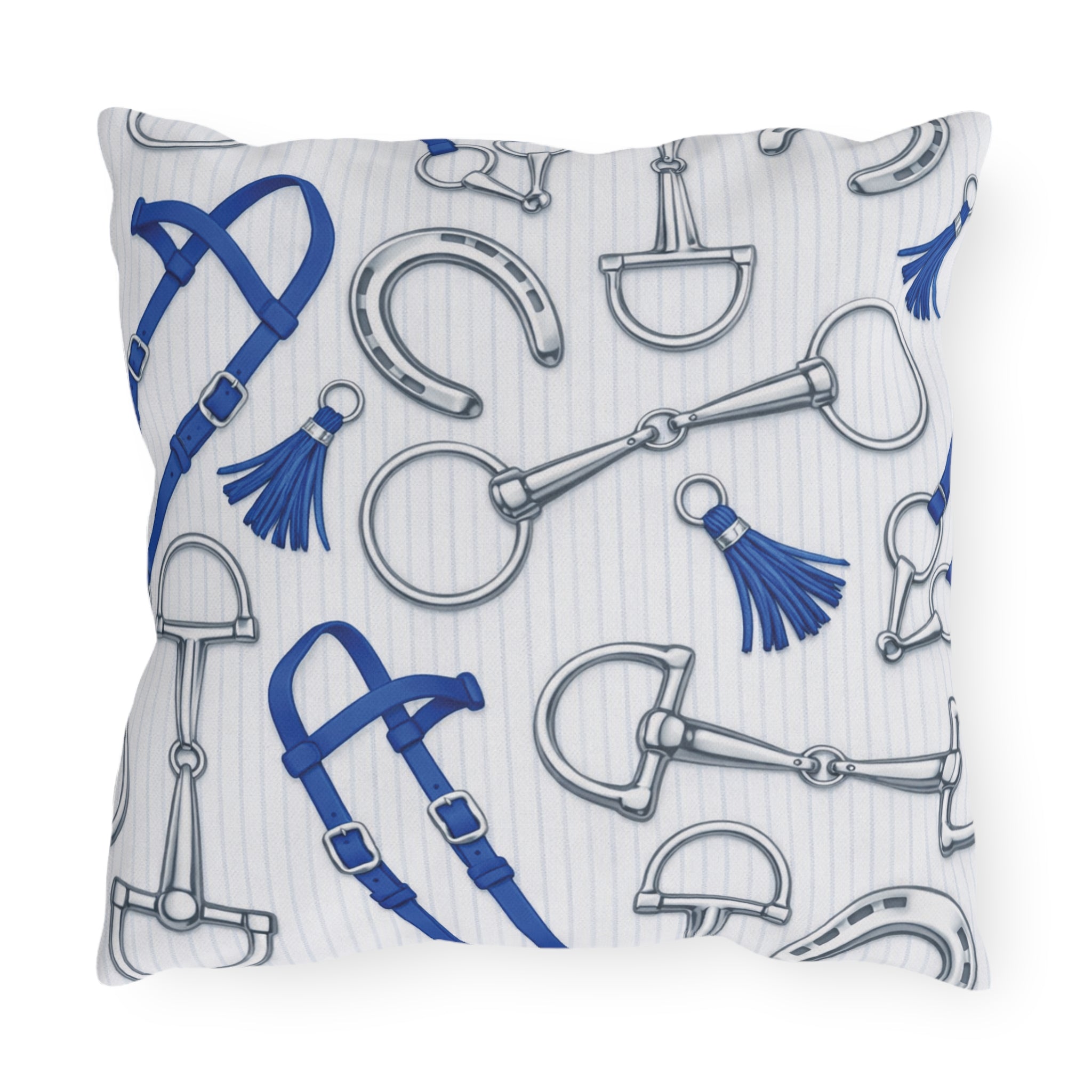 Equestrian Bits and Bridle Outdoor Pillow  Blue Horse Tack Pattern