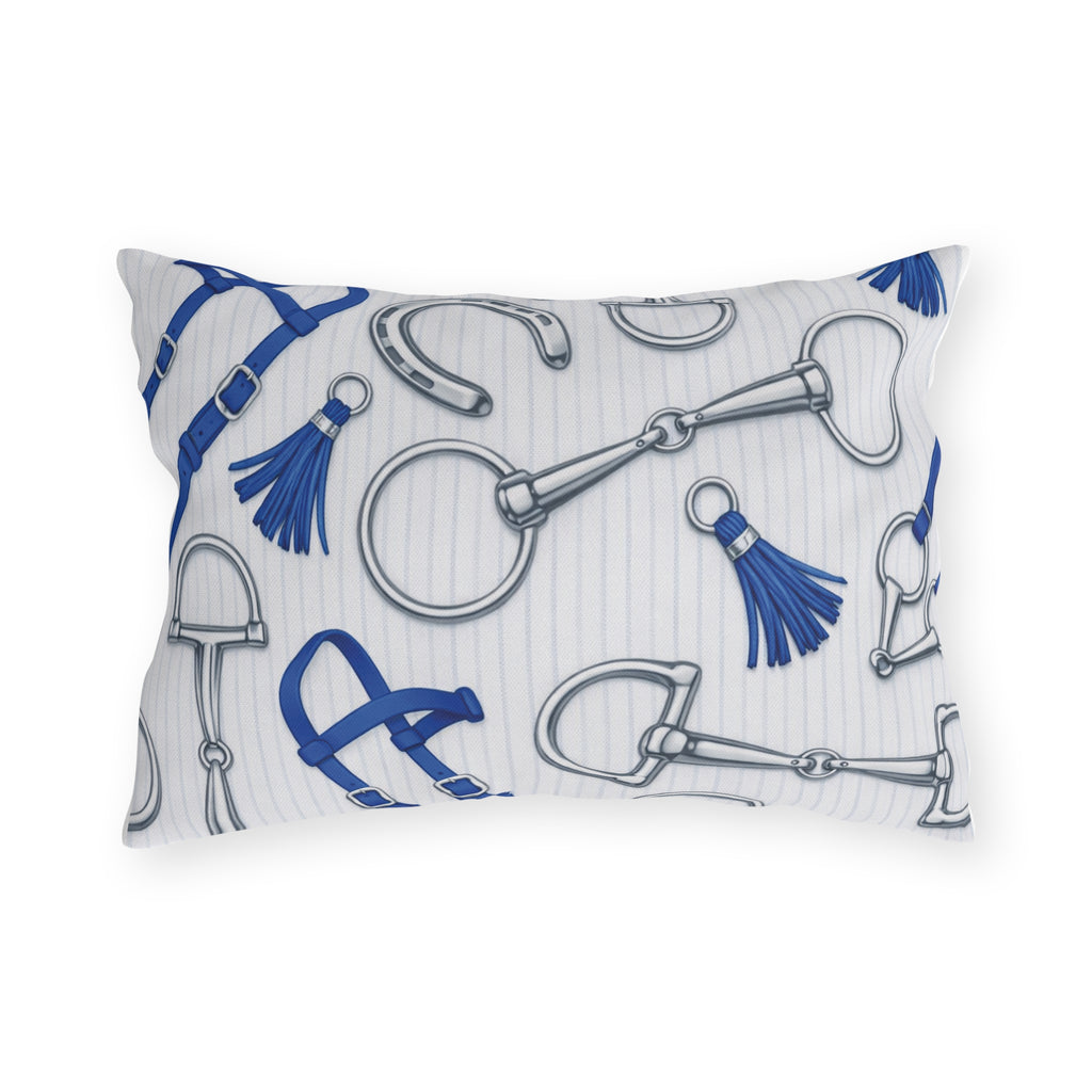 Equestrian Bits and Bridle Outdoor Pillow  Blue Horse Tack Pattern