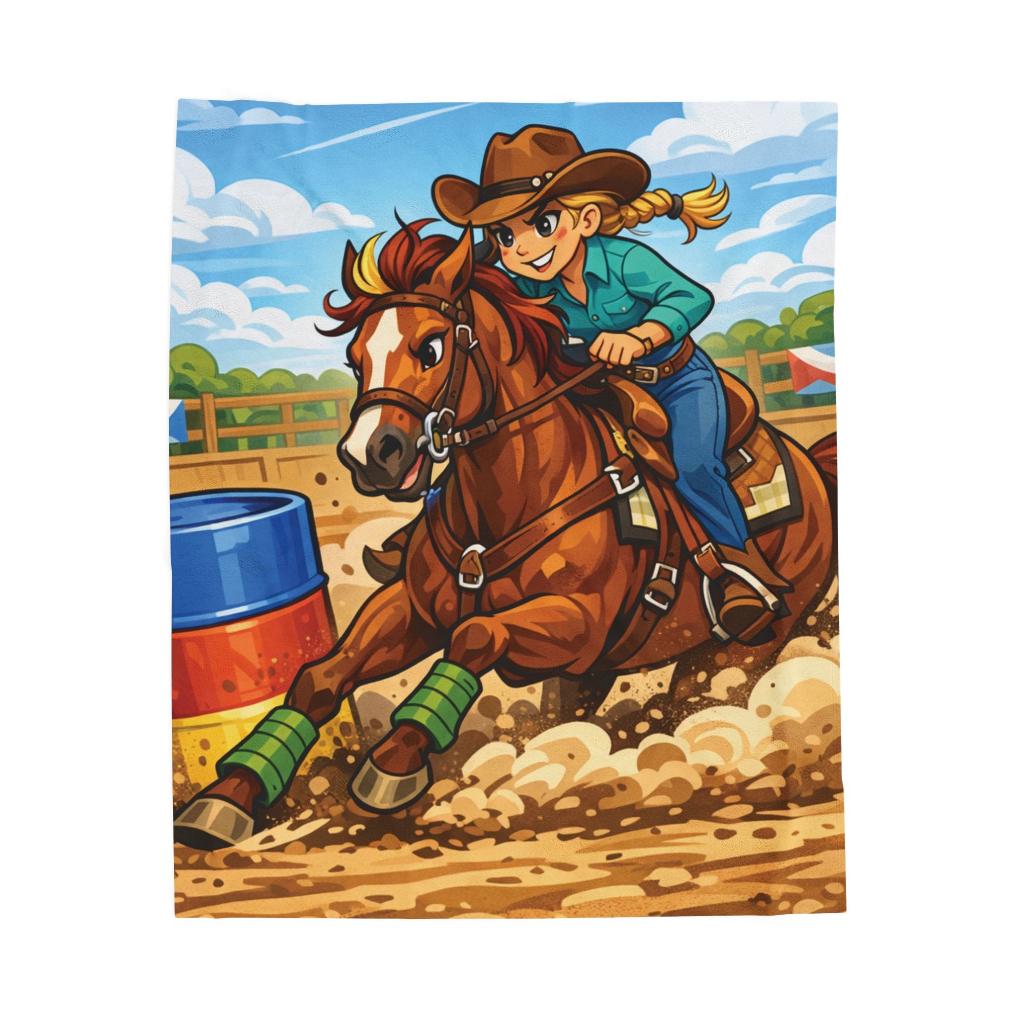 Cartoon Barrel Racing Horse Velveteen Plush Blanket — Rodeo Cow Girl Throw