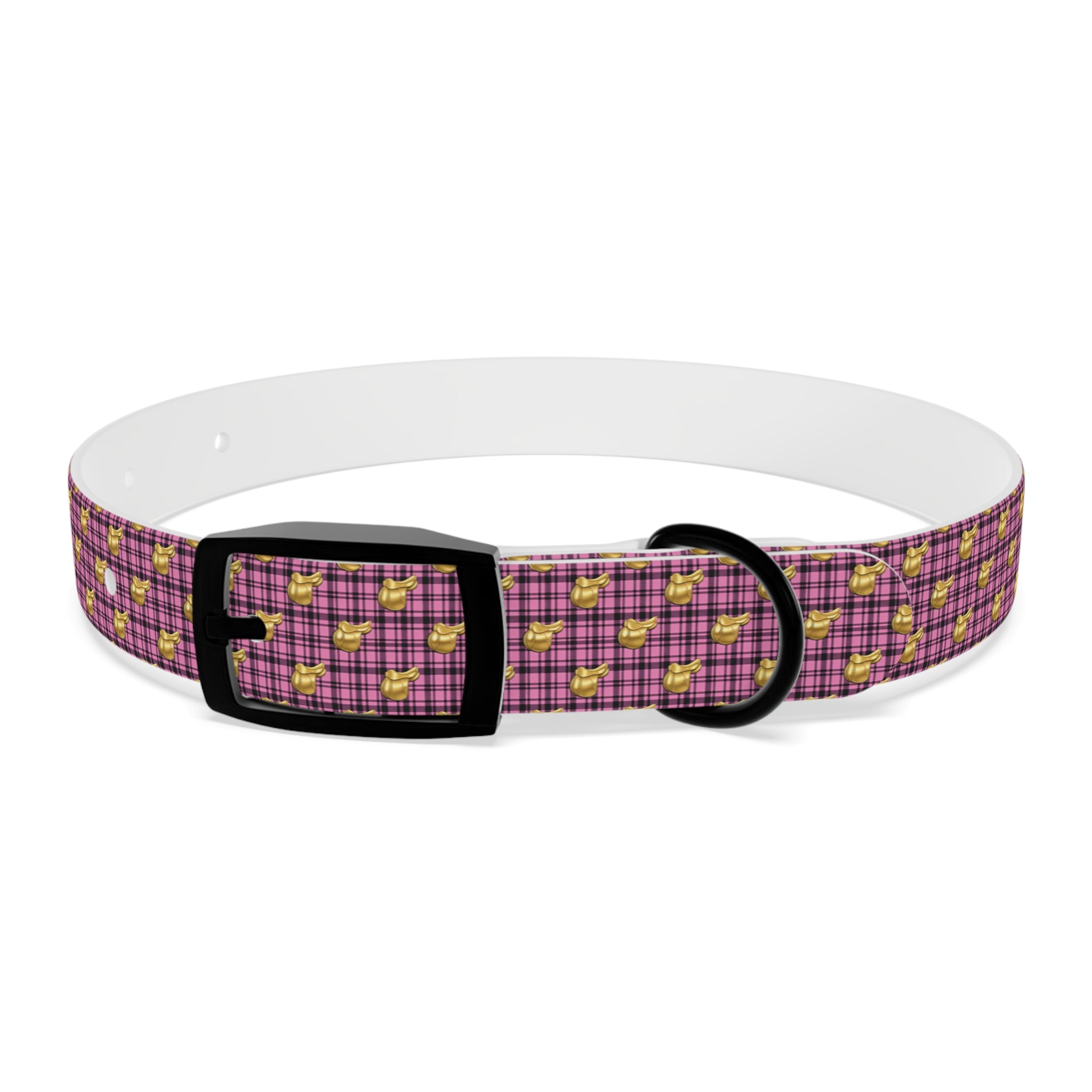 Pink Plaid Dog Collar with Tiny Gold Saddle Pattern