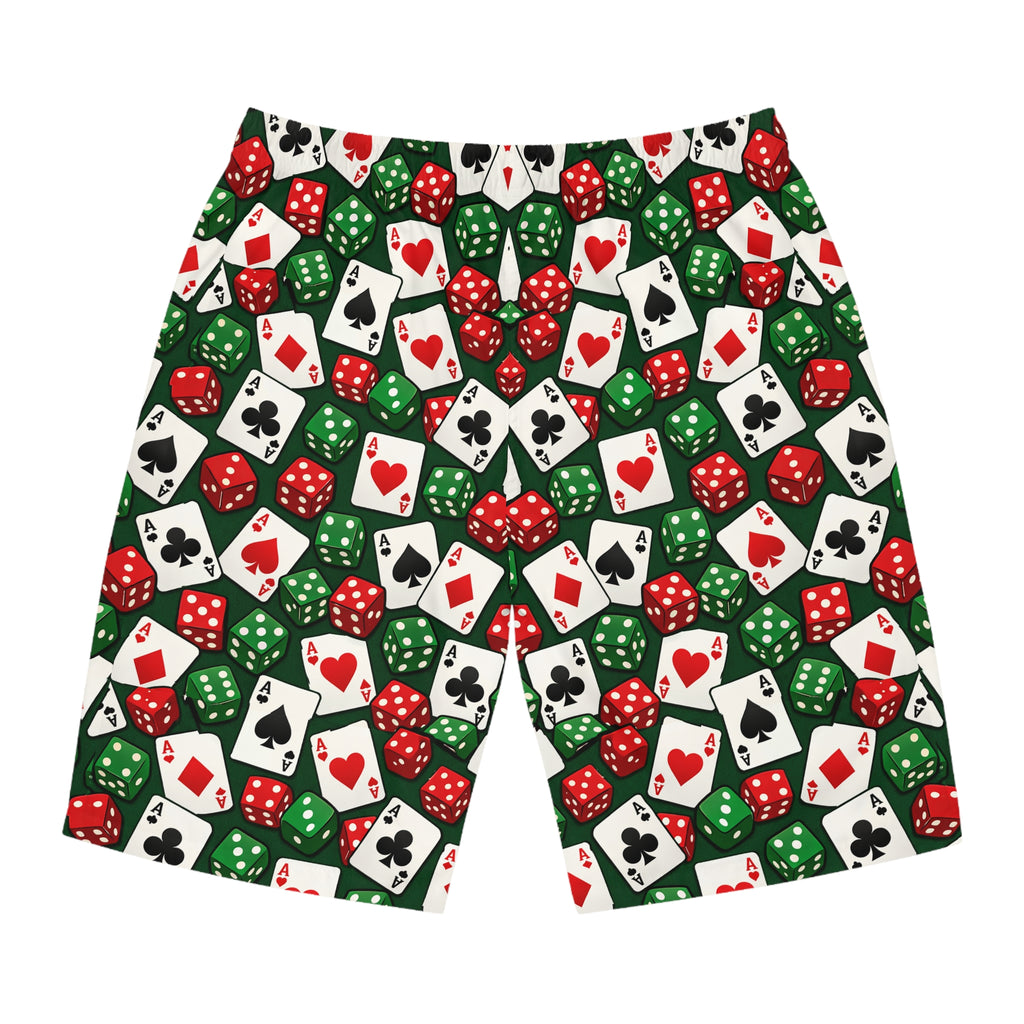 Casino Dice & Cards Board Shorts — Men's Poker Pattern Swim Trunks