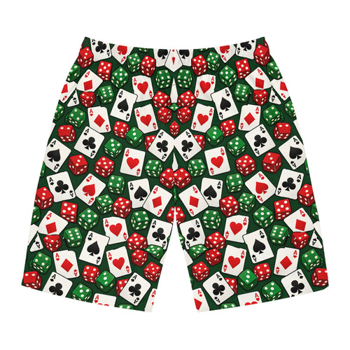 Casino Dice & Cards Board Shorts — Men's Poker Pattern Swim Trunks