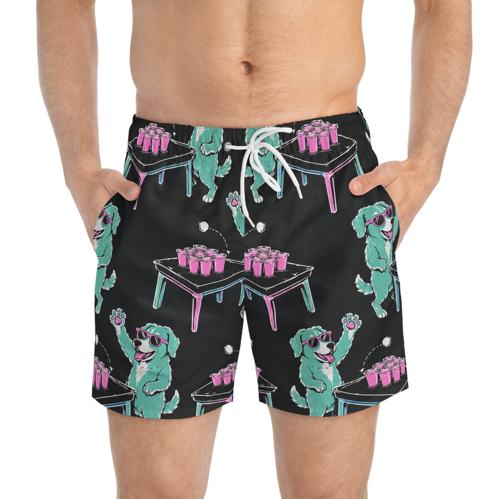 Beer Pong Dog Swim Trunks — Retro Neon Party All-Over Print