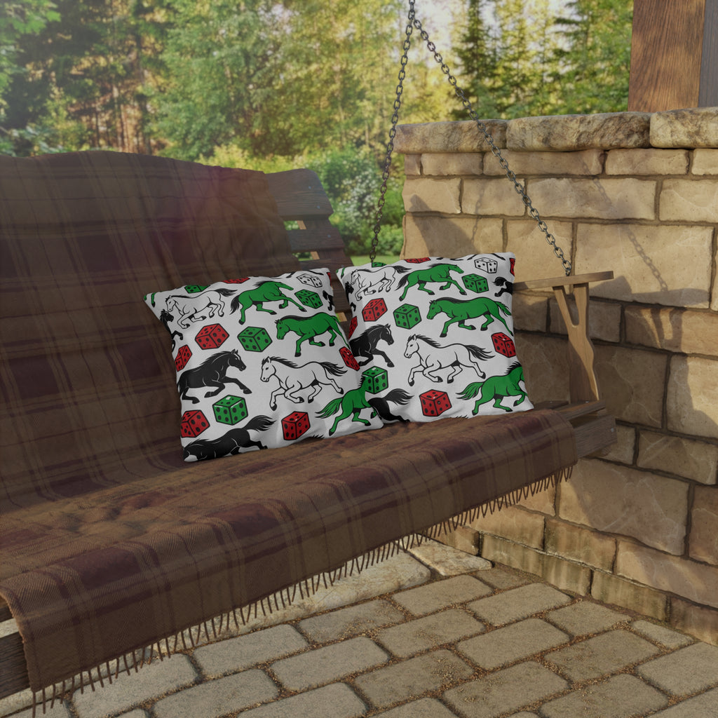 Horse and Dice Outdoor Pillow  Green Black and White Patterned Accent pillow for Patio