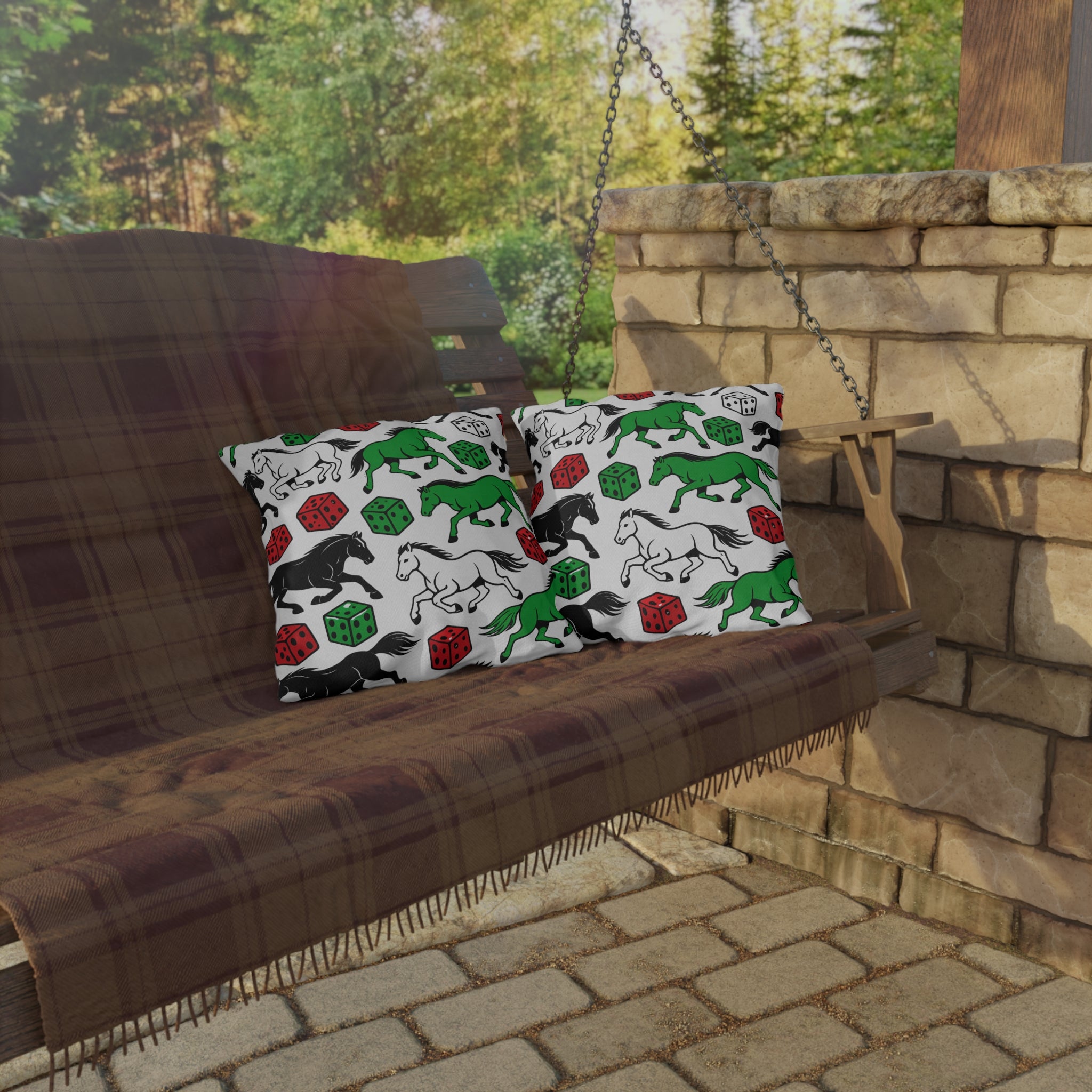 Horse and Dice Outdoor Pillow  Green Black and White Patterned Accent pillow for Patio