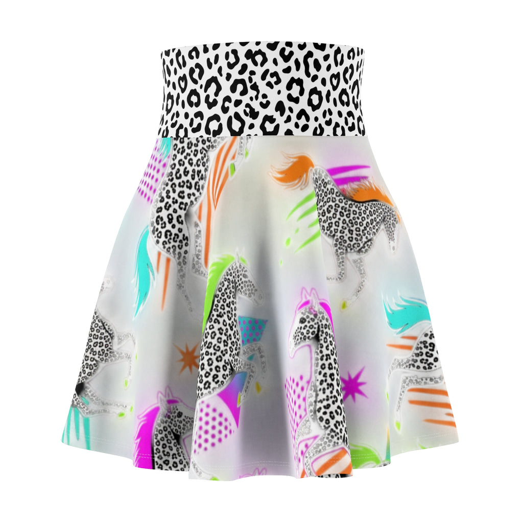 Neon Snow Leopard Horse Print Skater Skirt — Leopard Waistband, Retro 80s Rainbow Horse Vibe