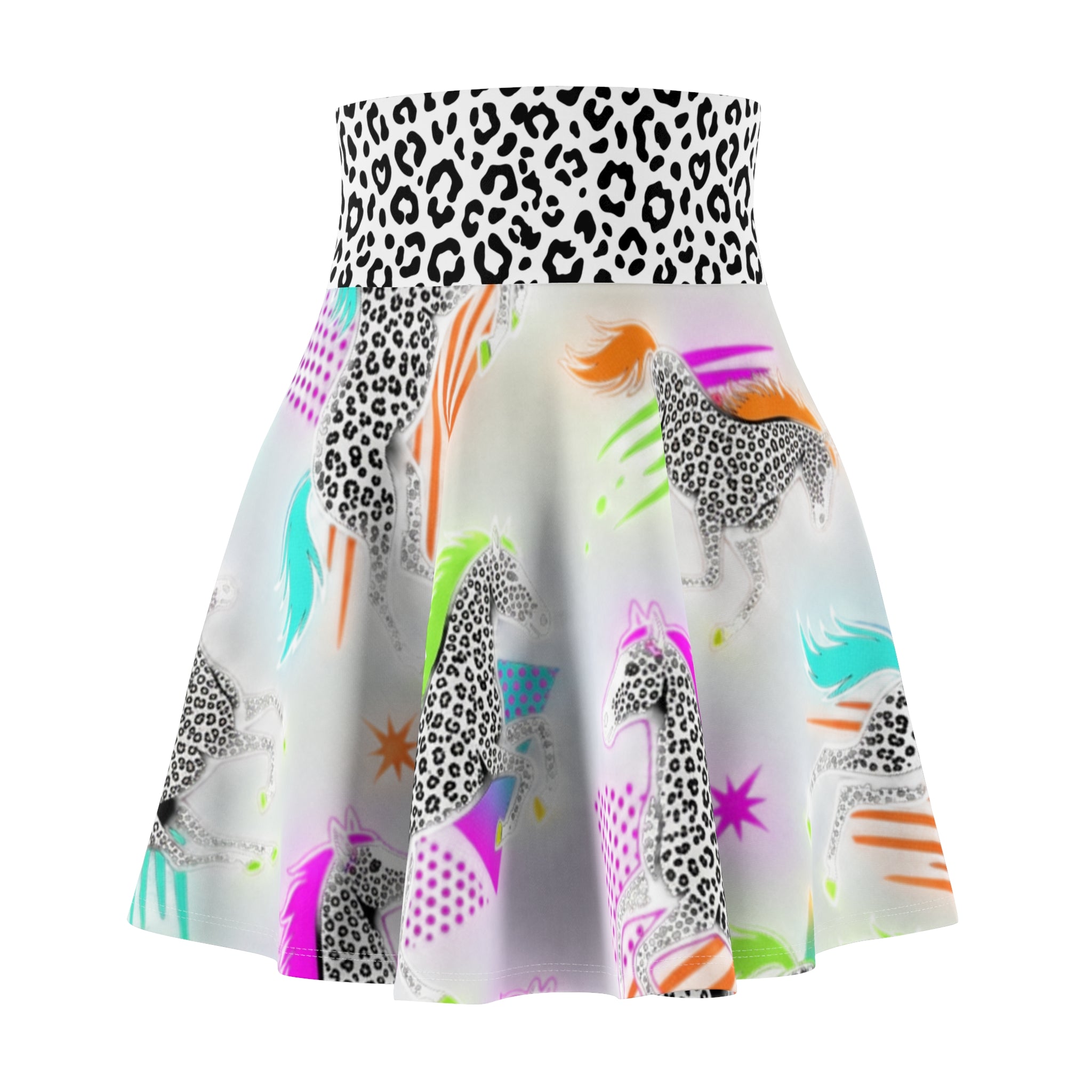 Neon Snow Leopard Horse Print Skater Skirt — Leopard Waistband, Retro 80s Rainbow Horse Vibe