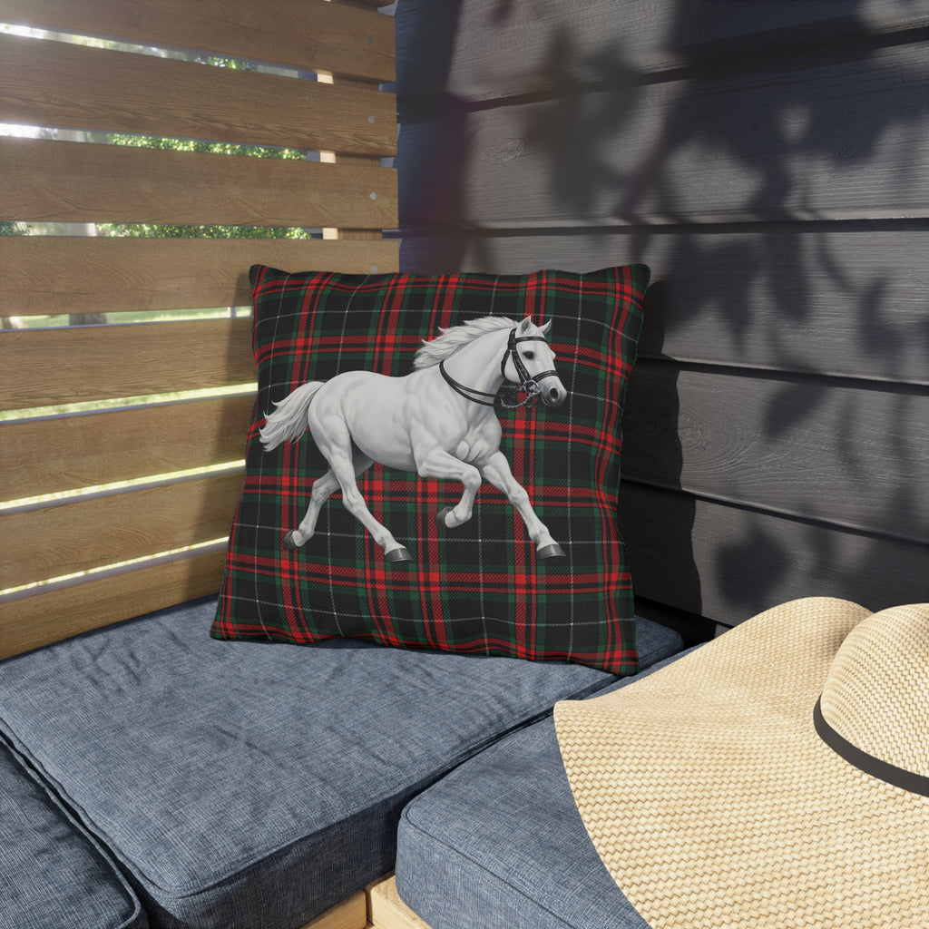 White Horse on Red and Black Tartan Outdoor Pillow