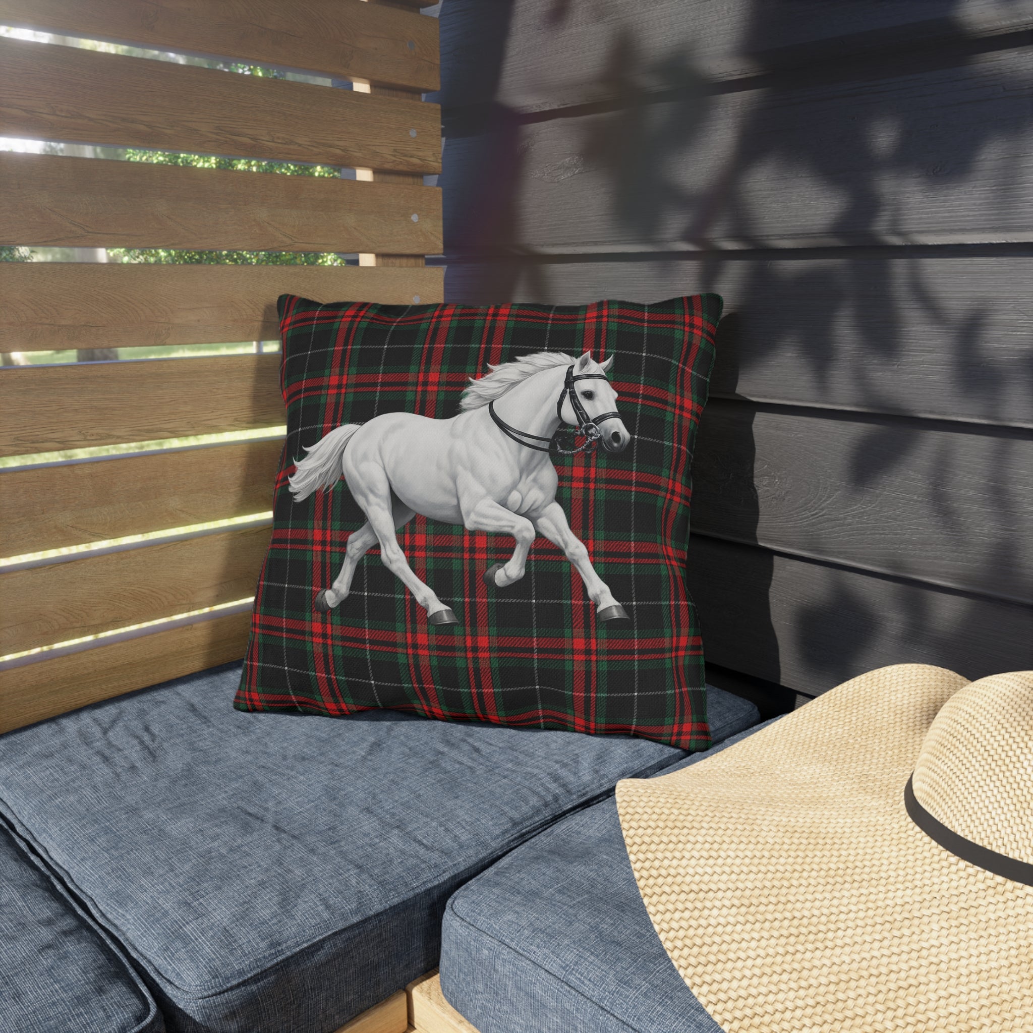 White Horse on Red and Black Tartan Outdoor Pillow
