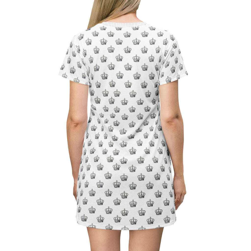 Crown Print T-Shirt Dress — All-Over Patterned Casual Dress