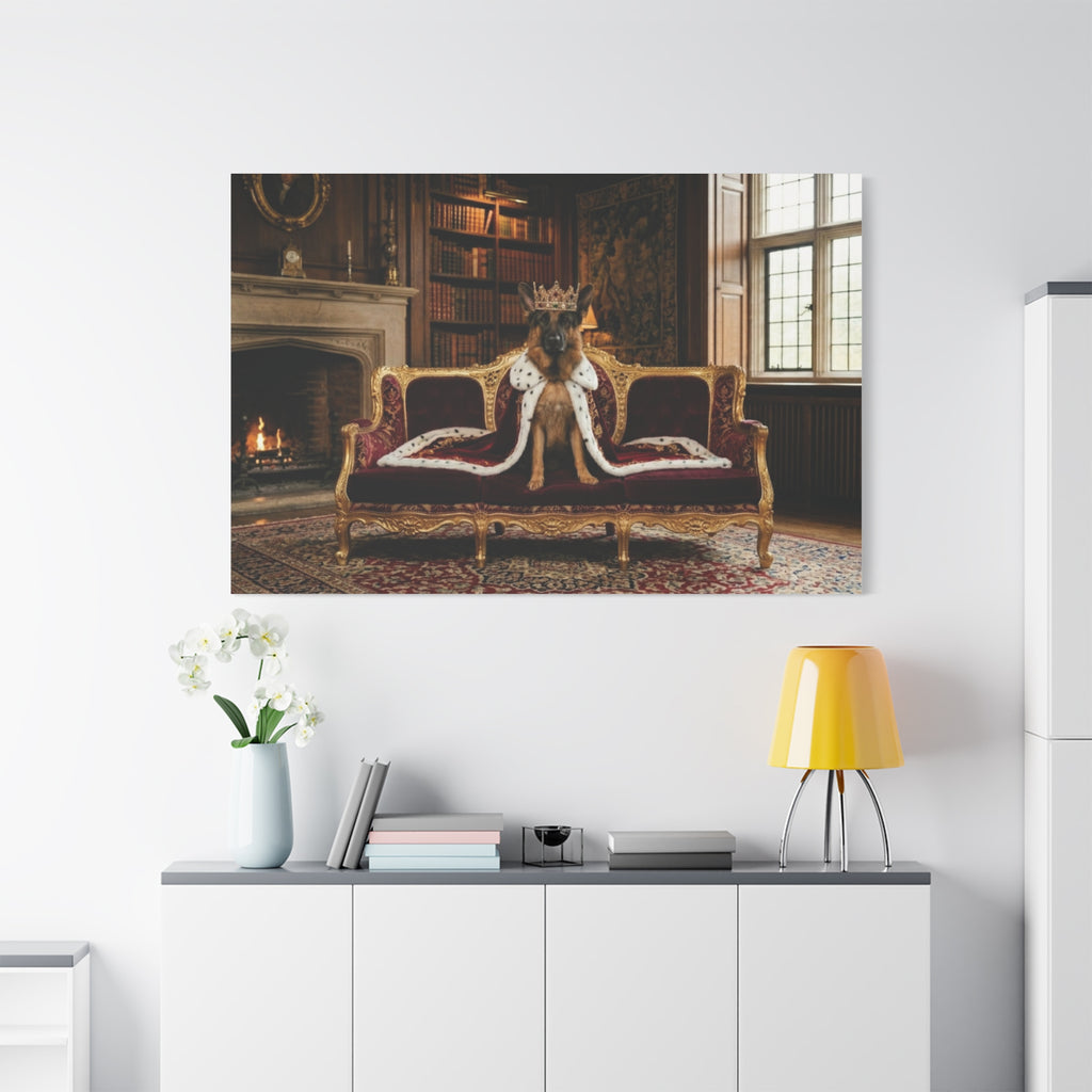 Regal German Shepherd Canvas Wall Art — King Dog on Fancy Sofa Matte Stretched Print