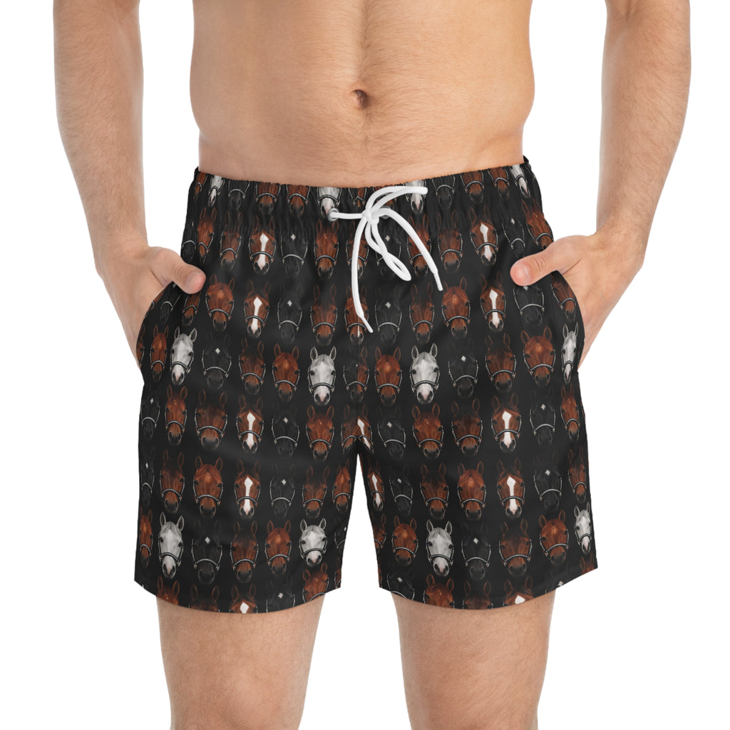 Horse Pattern Swim Trunks — All-Over Print Equestrian Beach Shorts