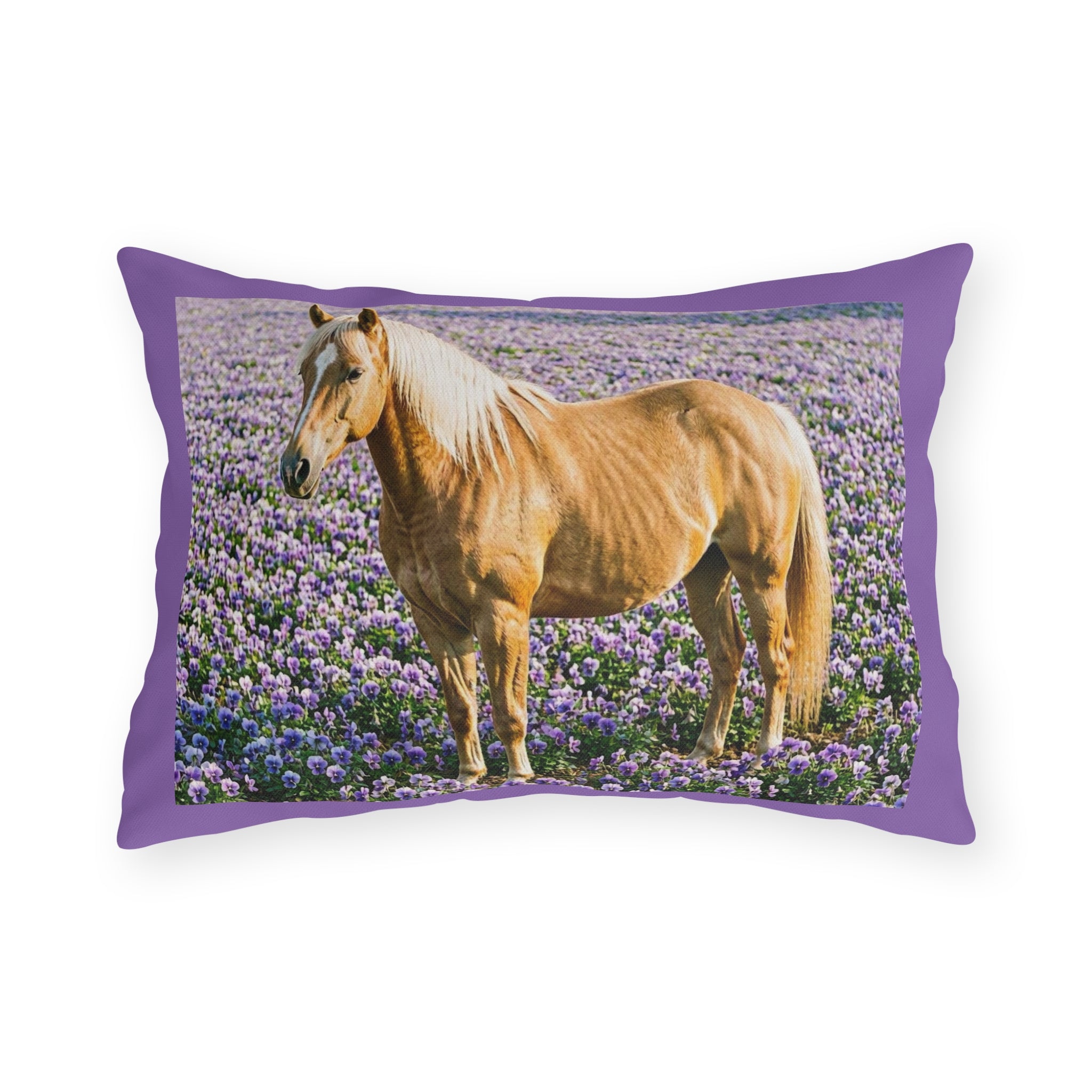 Horse in Lavender Field Outdoor Pillow  Floral Farmhouse Patio Decor