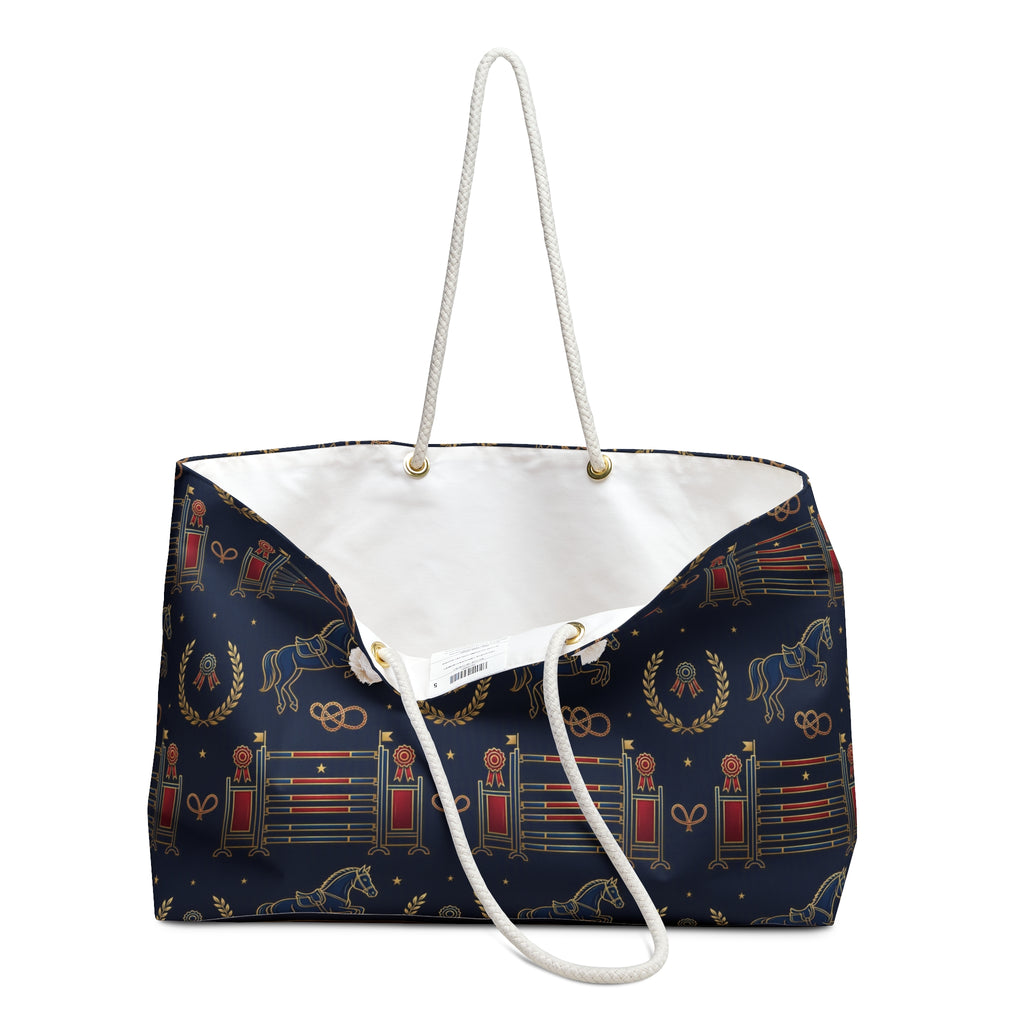 Equestrian Pattern Weekender Bag — Navy Horse & Tackle Travel Tote