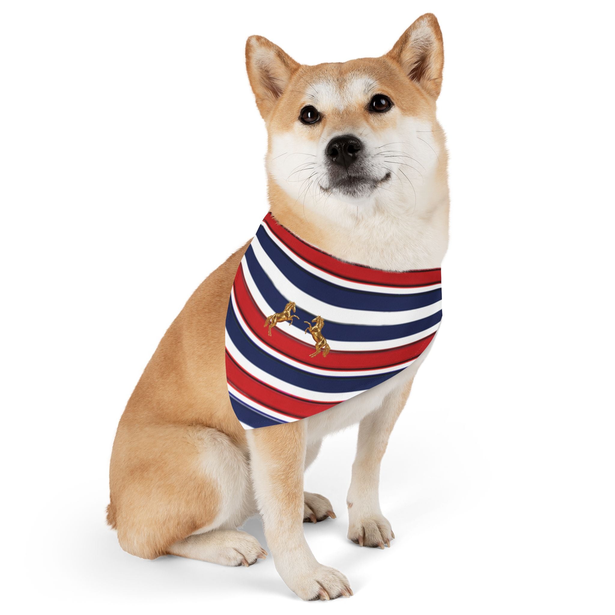Striped Dog Bandana Collar with Gold Rearing Horses Motif — Nautical Red, White & Blue Pet Accessory