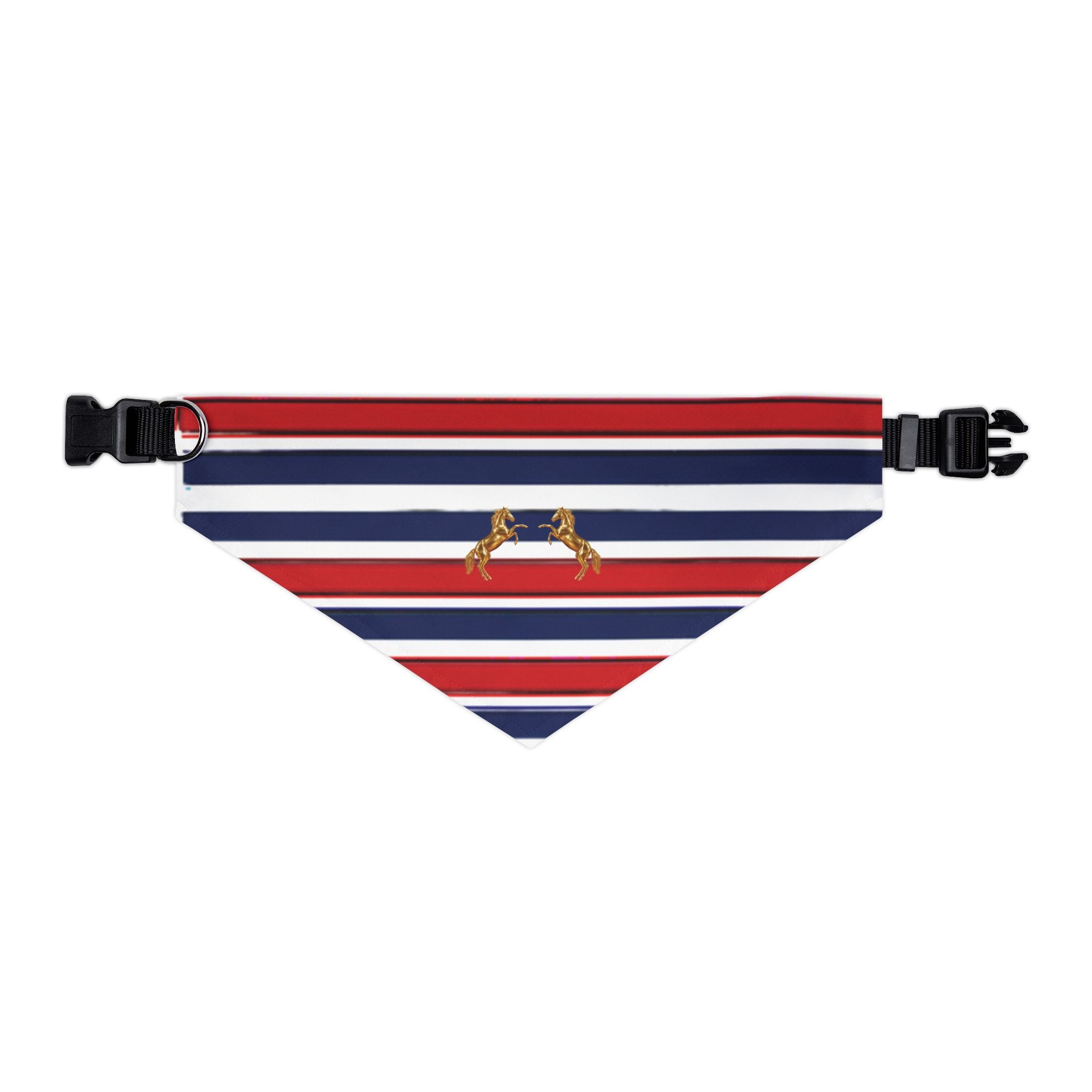 Striped Dog Bandana Collar with Gold Rearing Horses Motif — Nautical Red, White & Blue Pet Accessory