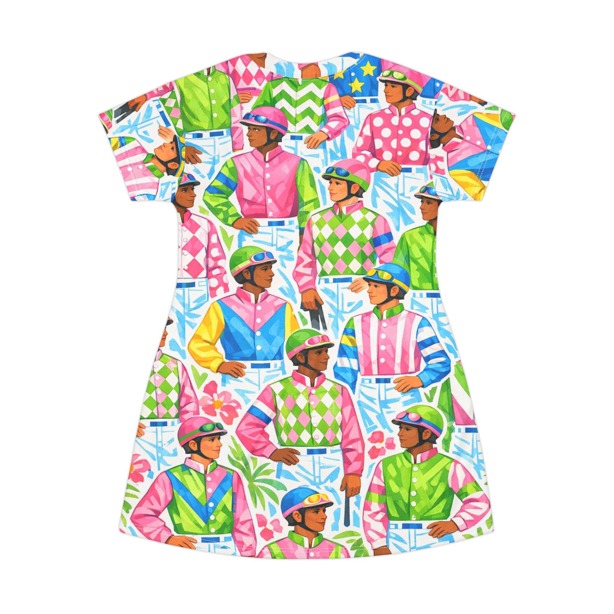 Colorful Jockey Print T‑Shirt Dress — Vibrant Equestrian Pattern AOP