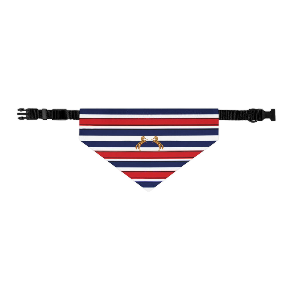 Striped Dog Bandana Collar with Gold Rearing Horses Motif — Nautical Red, White & Blue Pet Accessory