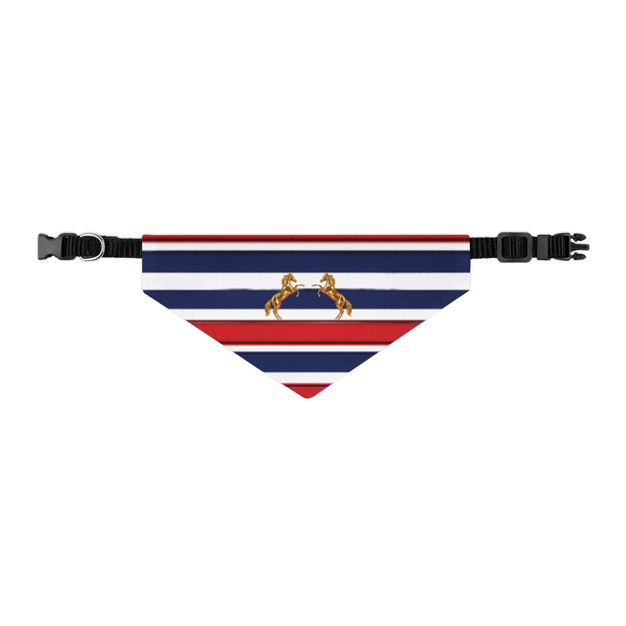 Striped Dog Bandana Collar with Gold Rearing Horses Motif — Nautical Red, White & Blue Pet Accessory